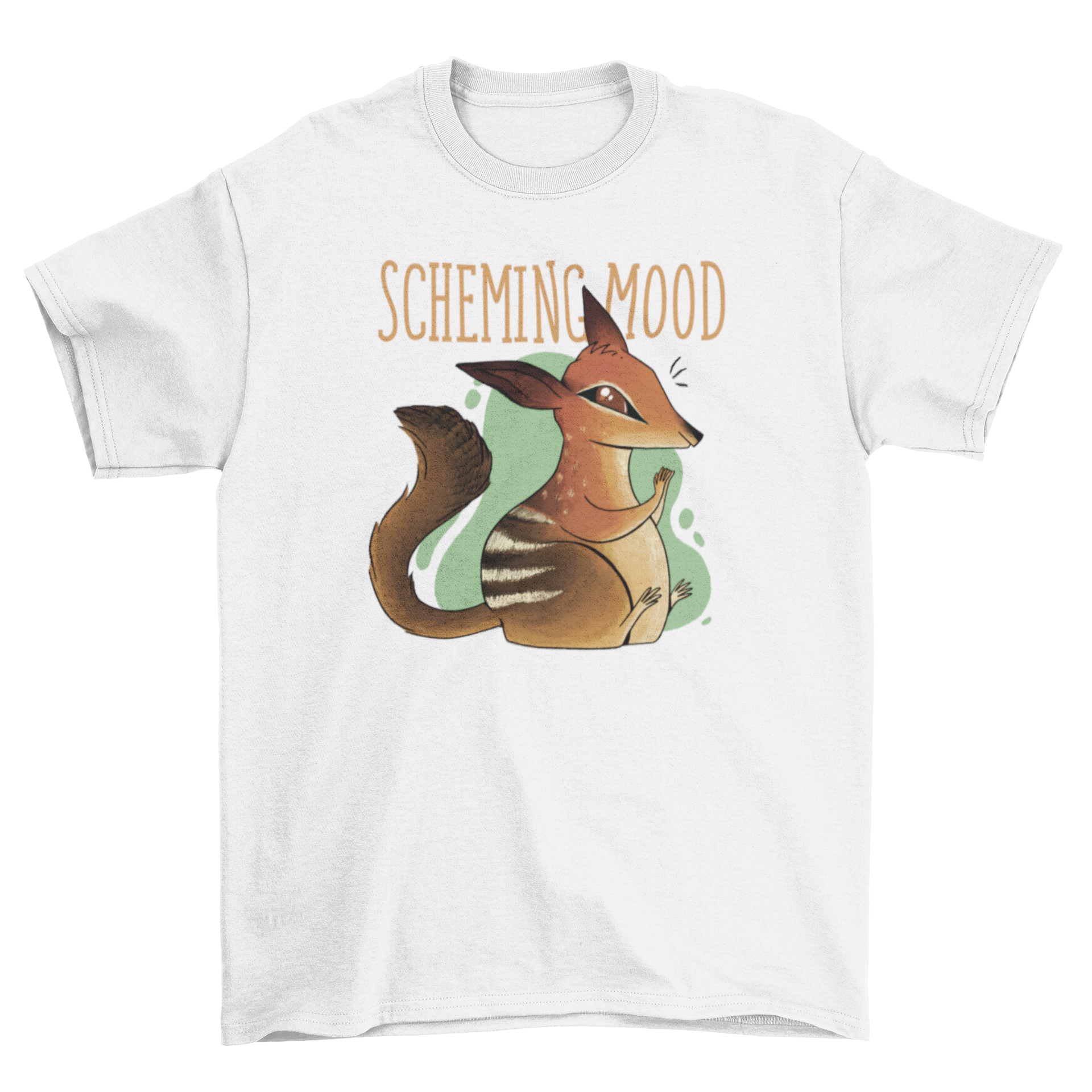 Lovely Fashion Cute Numbat T-shirt featuring a numbat graphic and the quote 'Scheming mood', perfect for wildlife lovers.