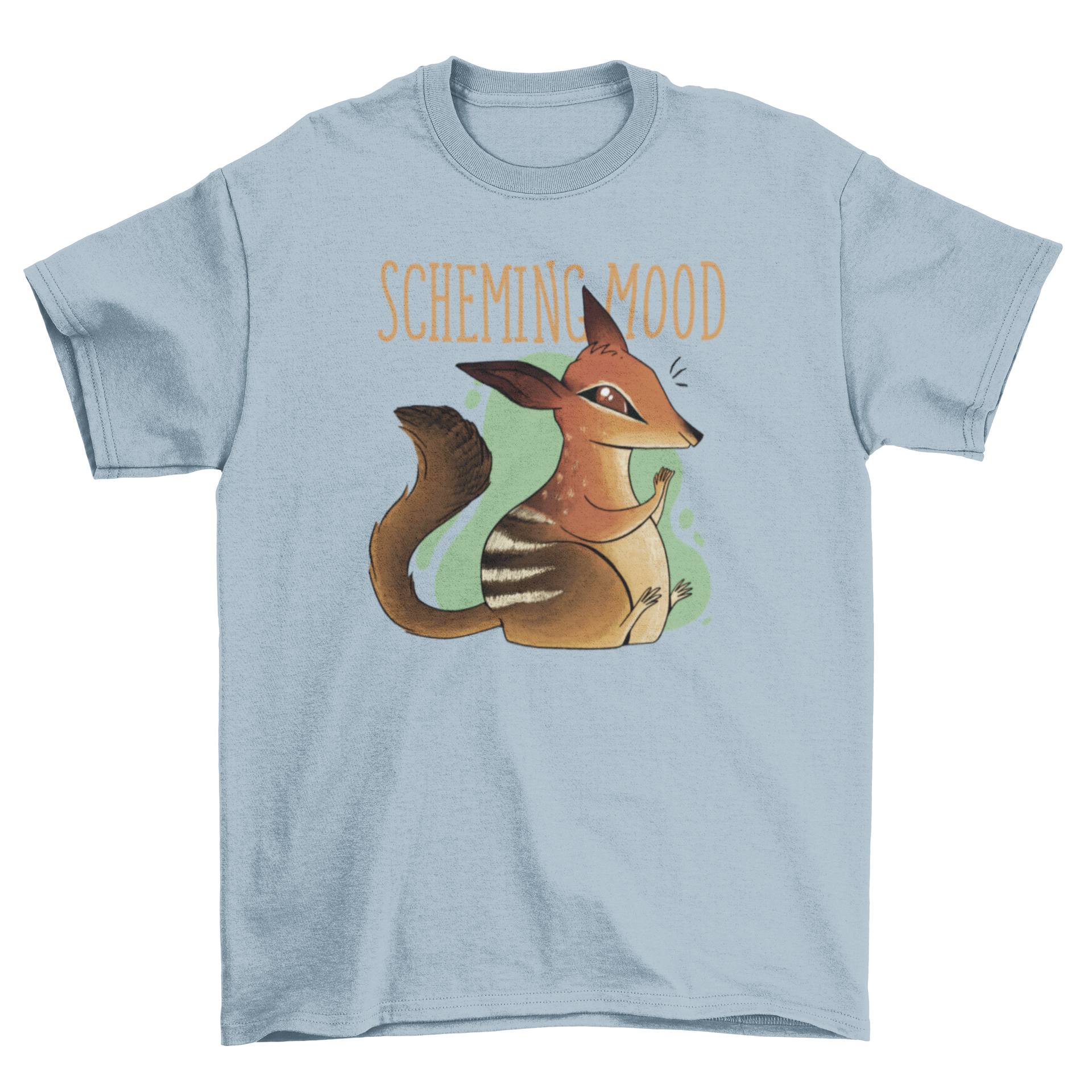 Lovely Fashion Cute Numbat T-shirt featuring a numbat graphic and the quote 'Scheming mood', perfect for wildlife lovers.