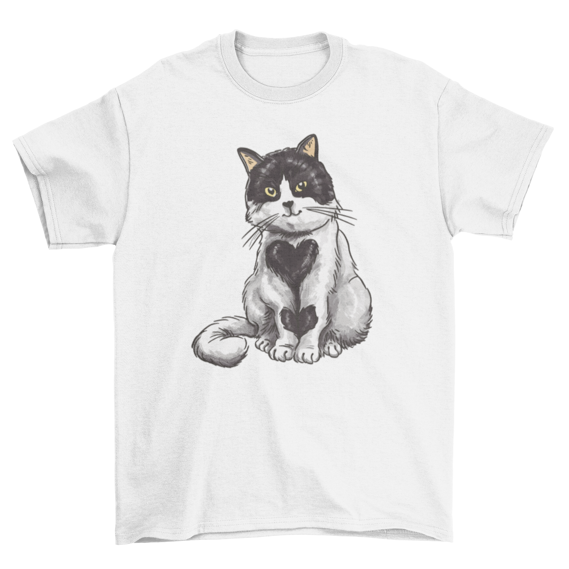 Lovely Heart Cat T-Shirt featuring a black and white kitty with heart-shaped spots, perfect for cat lovers.