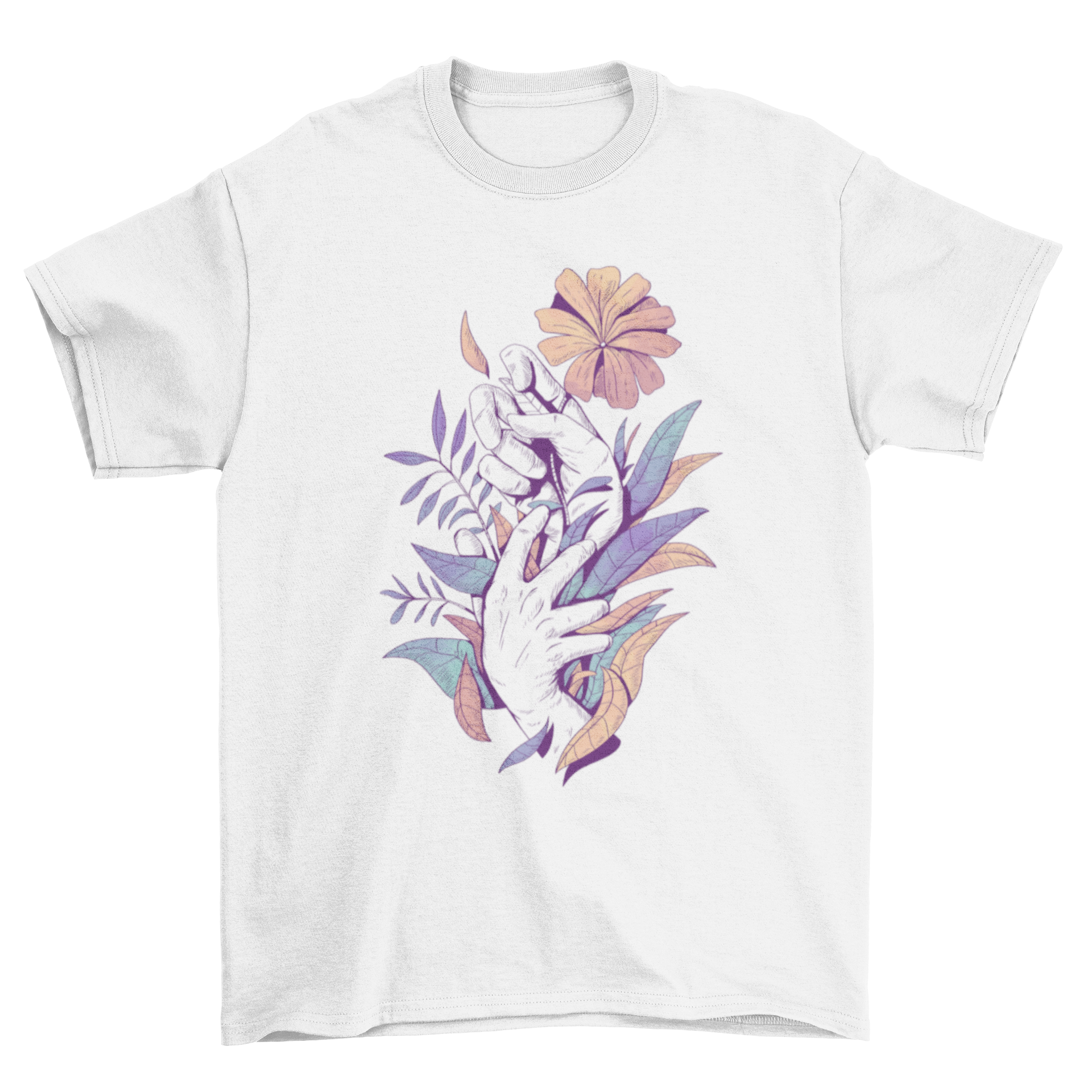 A stylish t-shirt featuring an artistic illustration of hands holding colorful leaves and flowers, showcasing nature's beauty.