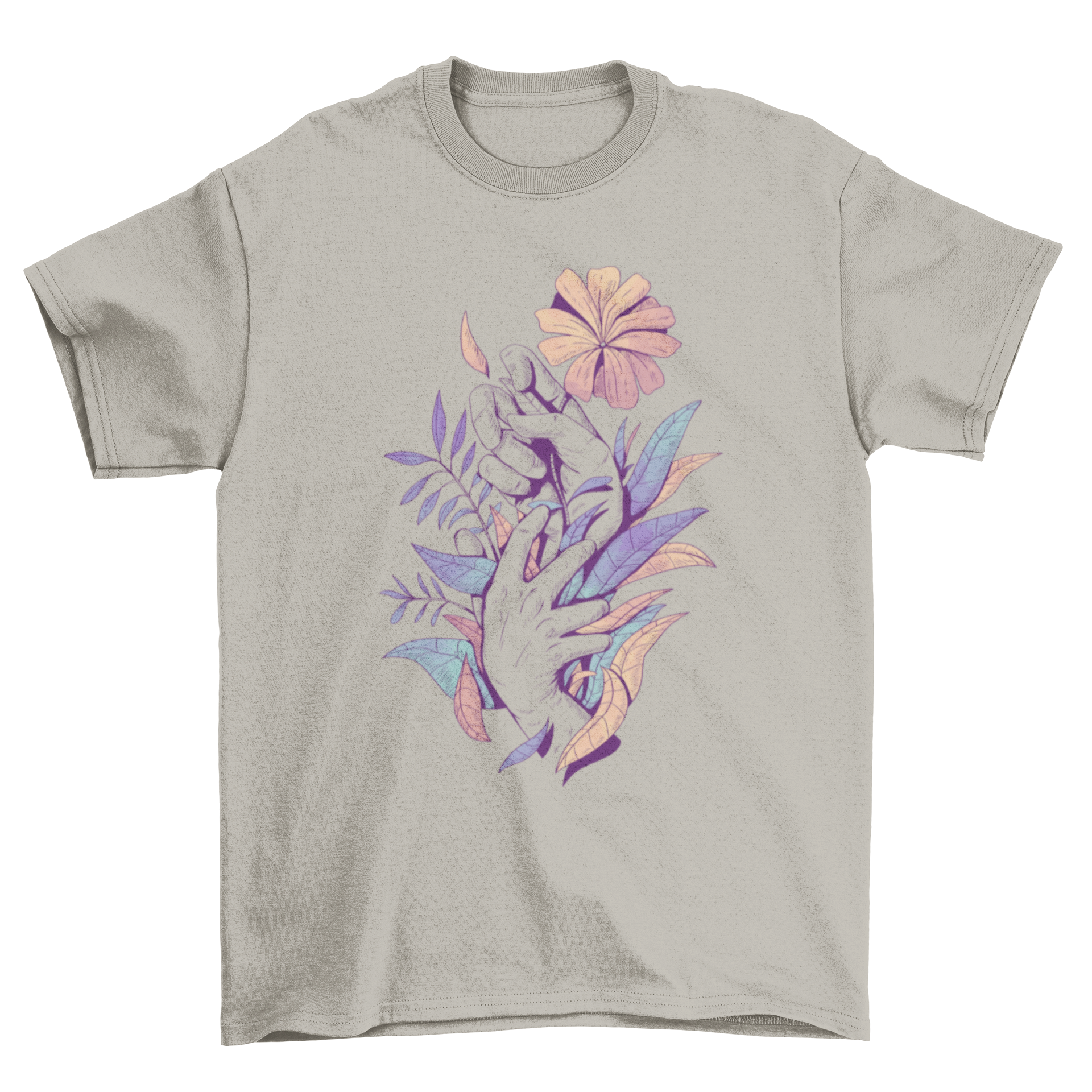 A stylish t-shirt featuring an artistic illustration of hands holding colorful leaves and flowers, showcasing nature's beauty.