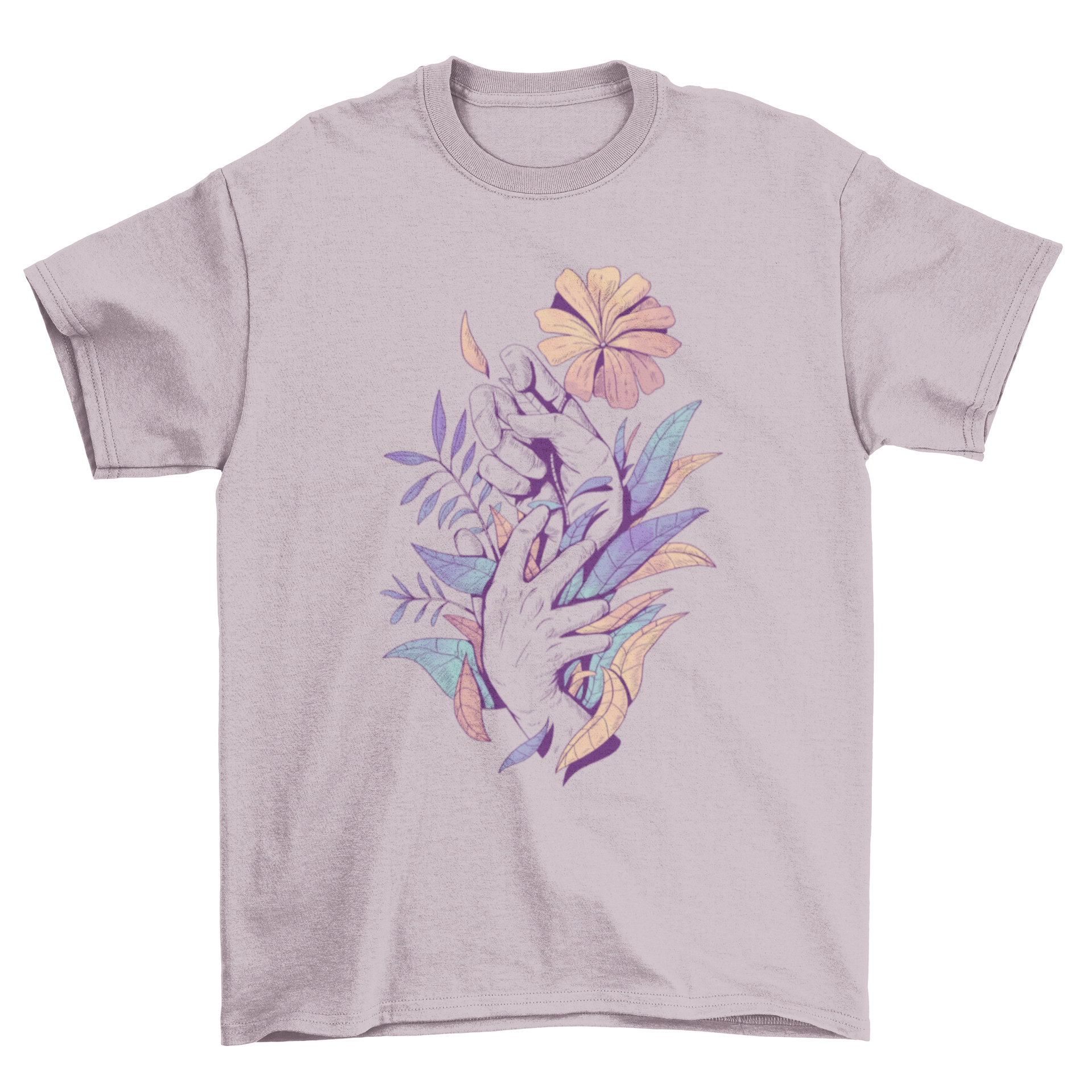 A stylish t-shirt featuring an artistic illustration of hands holding colorful leaves and flowers, showcasing nature's beauty.