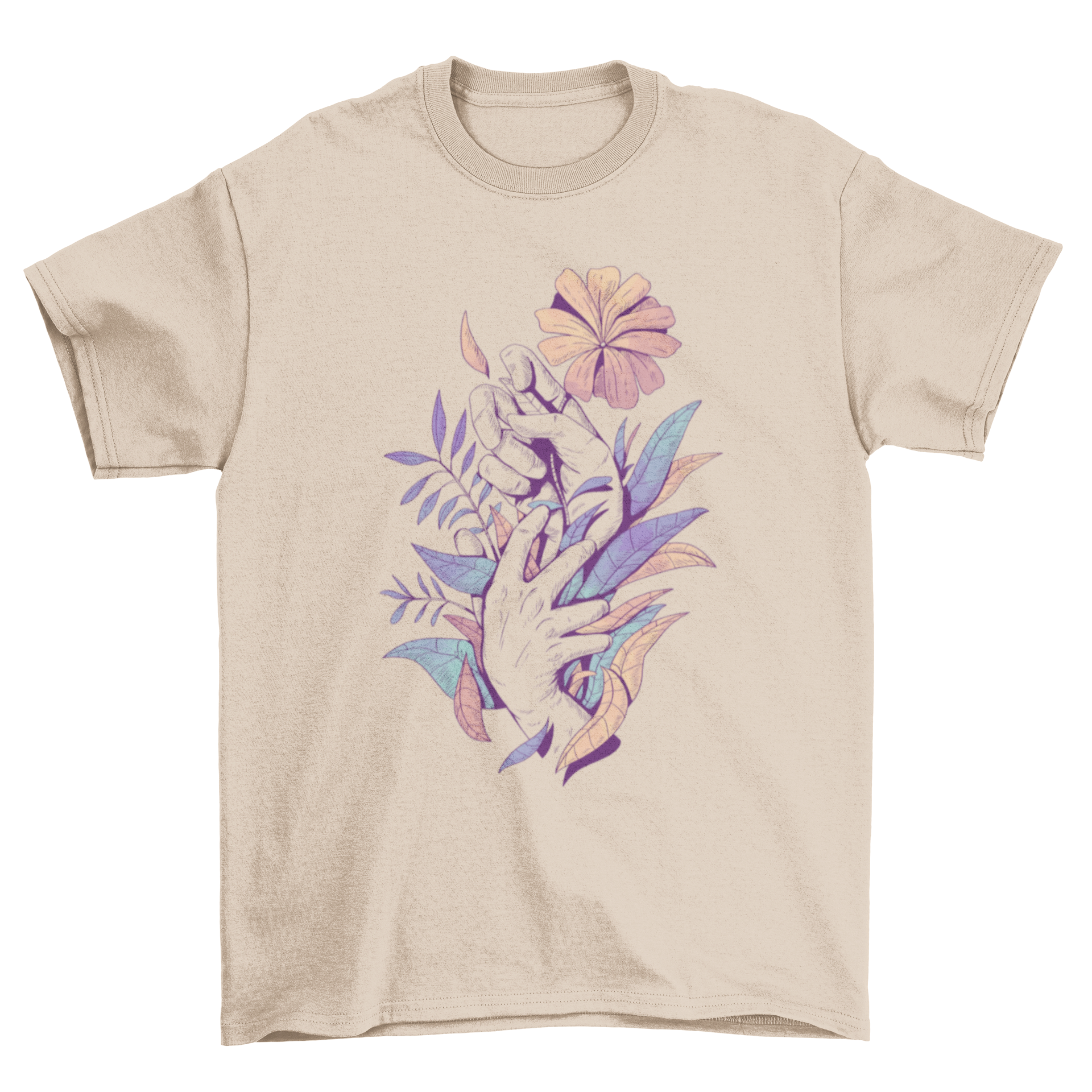 A stylish t-shirt featuring an artistic illustration of hands holding colorful leaves and flowers, showcasing nature's beauty.