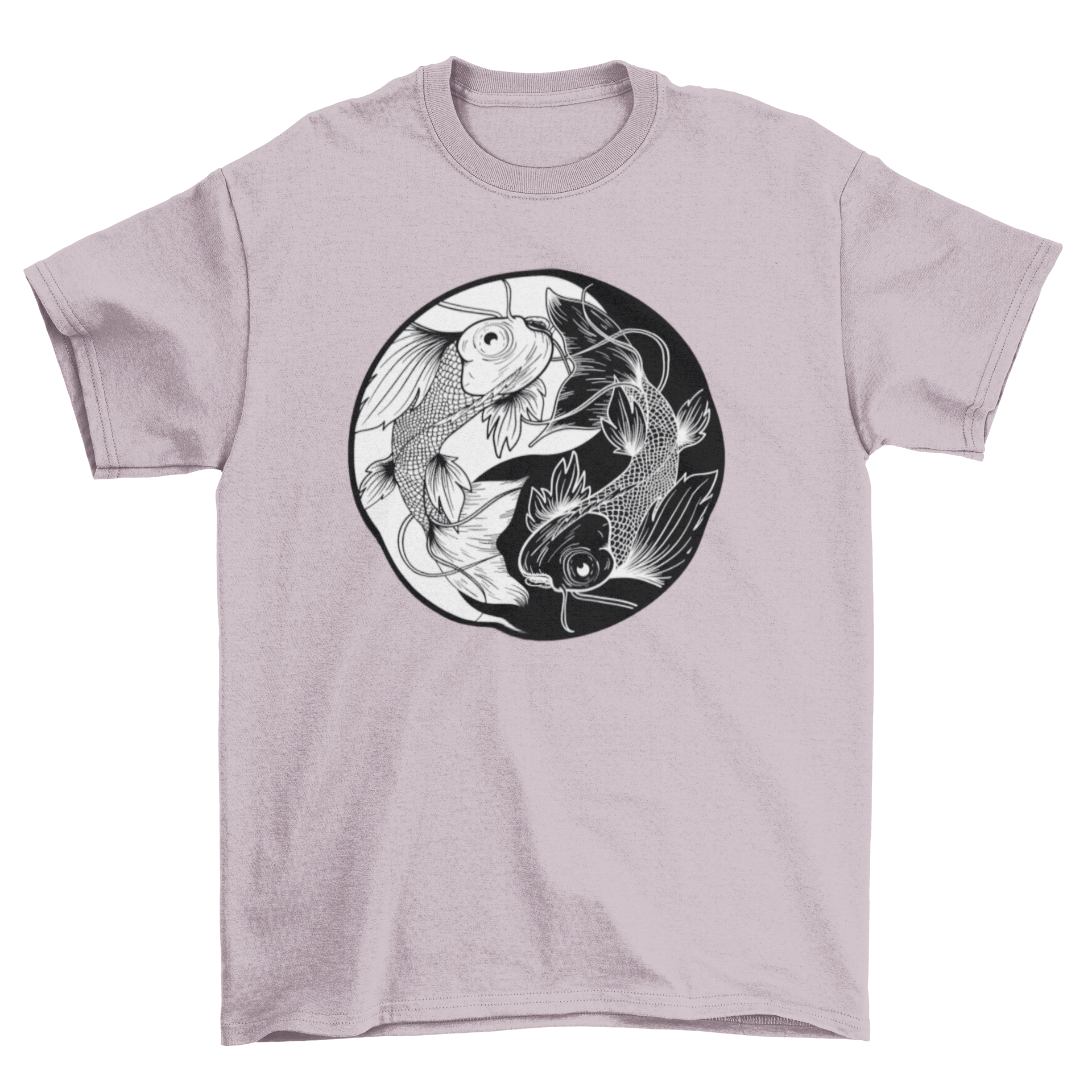 Hand-drawn style t-shirt featuring koi fish and Yin Yang symbol, showcasing intricate details and vibrant colors.