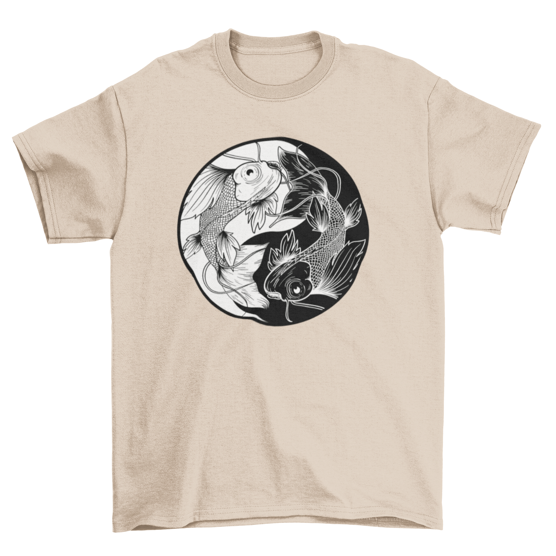 Hand-drawn style t-shirt featuring koi fish and Yin Yang symbol, showcasing intricate details and vibrant colors.