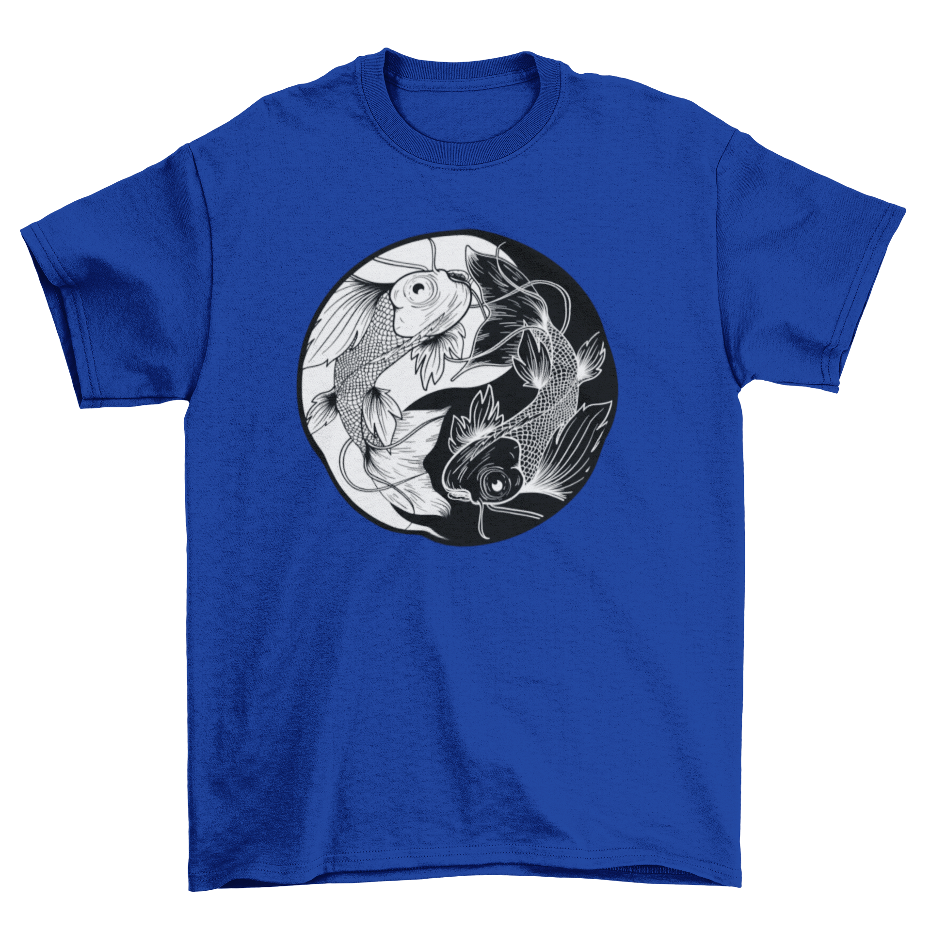 Hand-drawn style t-shirt featuring koi fish and Yin Yang symbol, showcasing intricate details and vibrant colors.