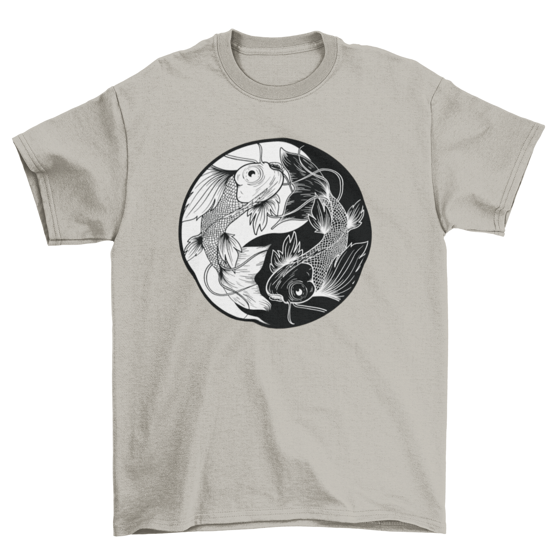 Hand-drawn style t-shirt featuring koi fish and Yin Yang symbol, showcasing intricate details and vibrant colors.