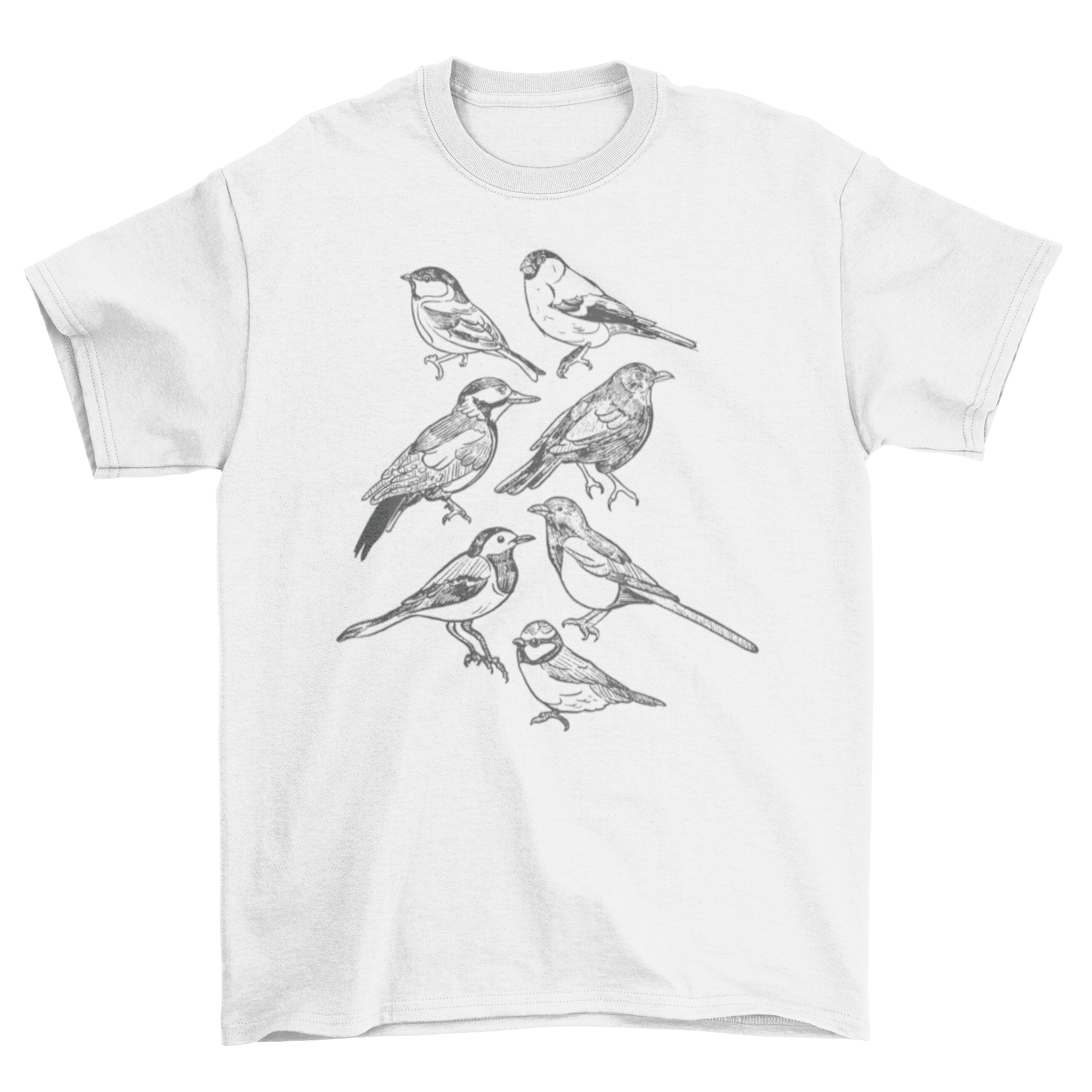 A stylish t-shirt featuring various hand-drawn birds in a unique design, perfect for casual wear.