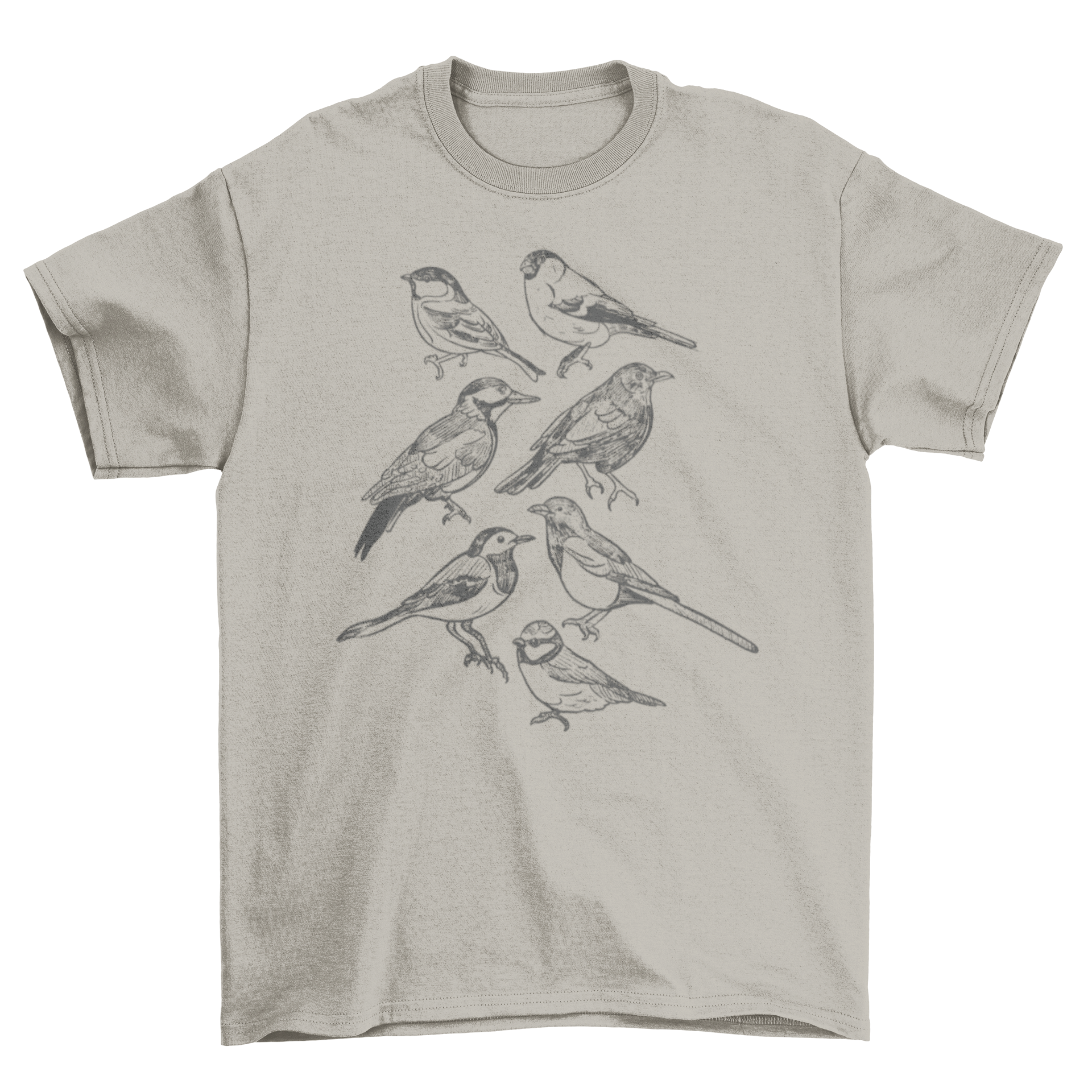 A stylish t-shirt featuring various hand-drawn birds in a unique design, perfect for casual wear.