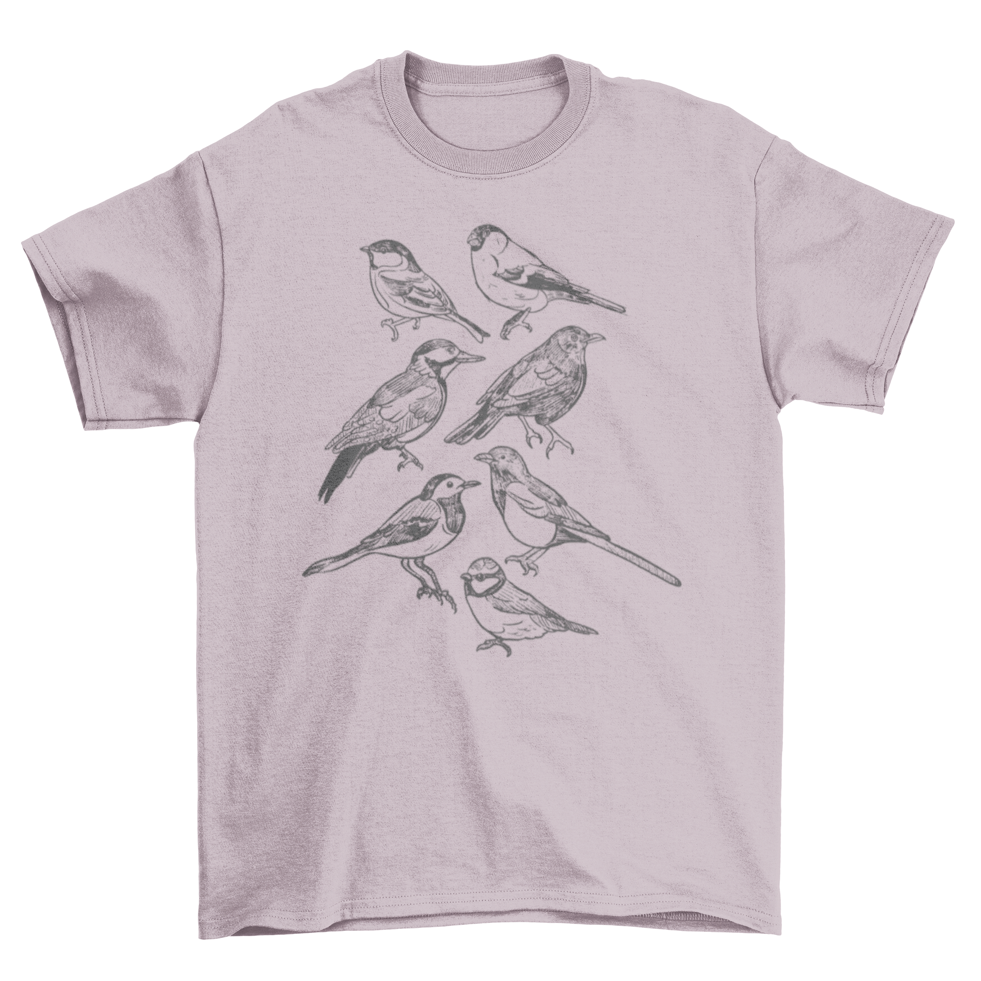 A stylish t-shirt featuring various hand-drawn birds in a unique design, perfect for casual wear.