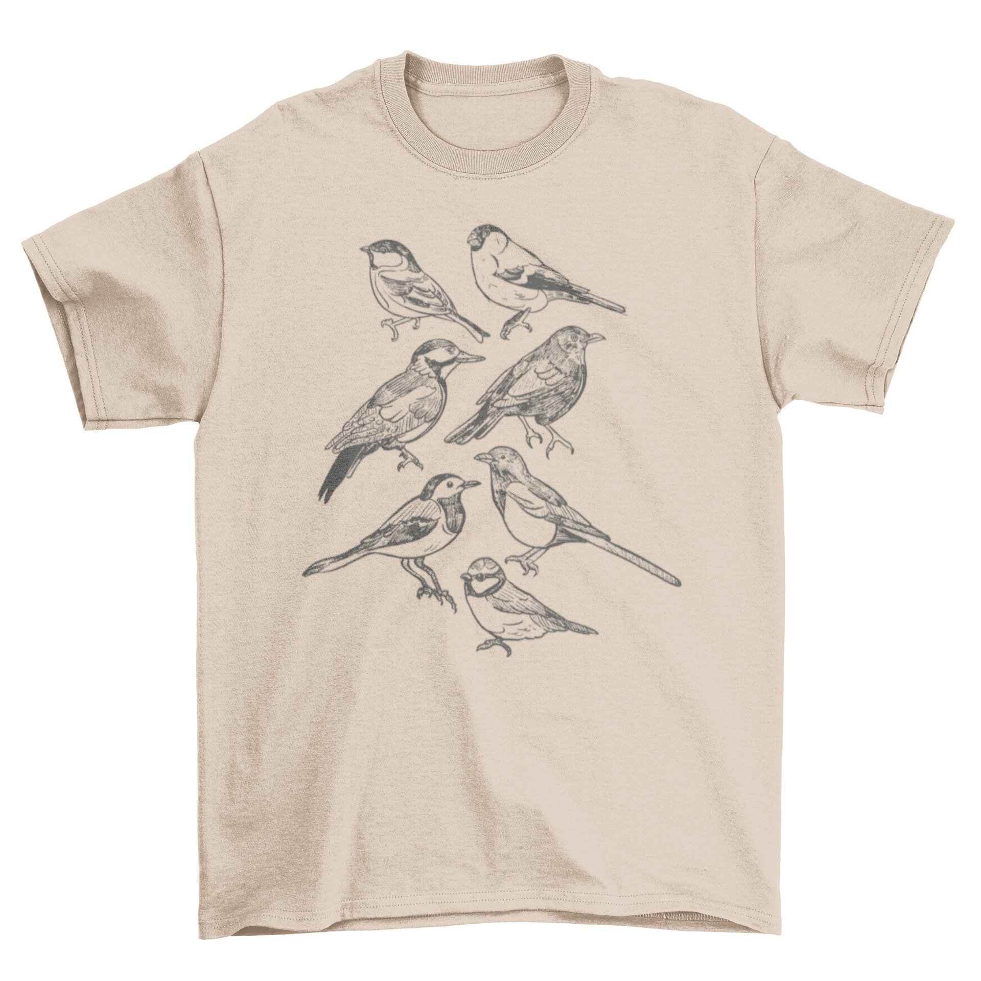 A stylish t-shirt featuring various hand-drawn birds in a unique design, perfect for casual wear.