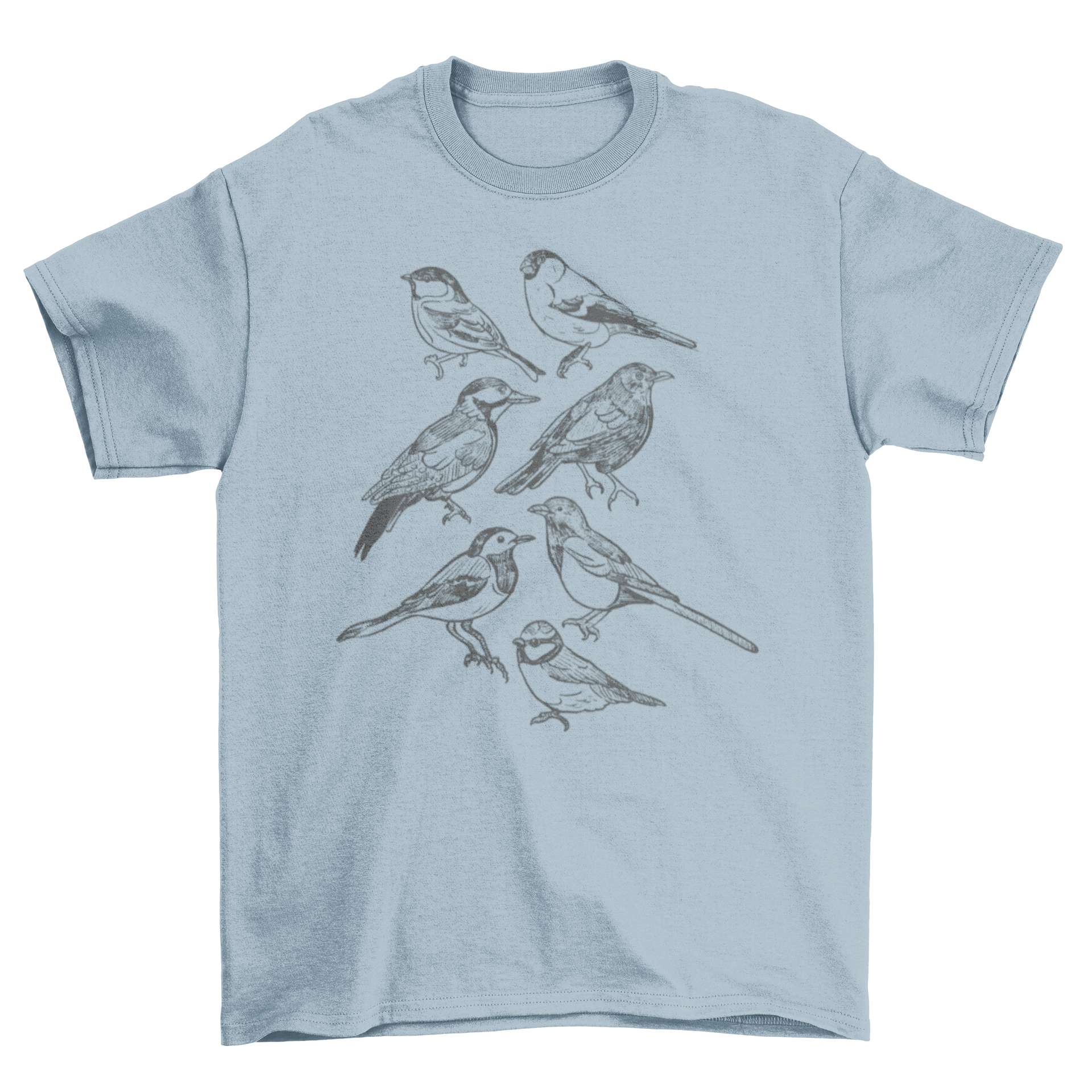 A stylish t-shirt featuring various hand-drawn birds in a unique design, perfect for casual wear.