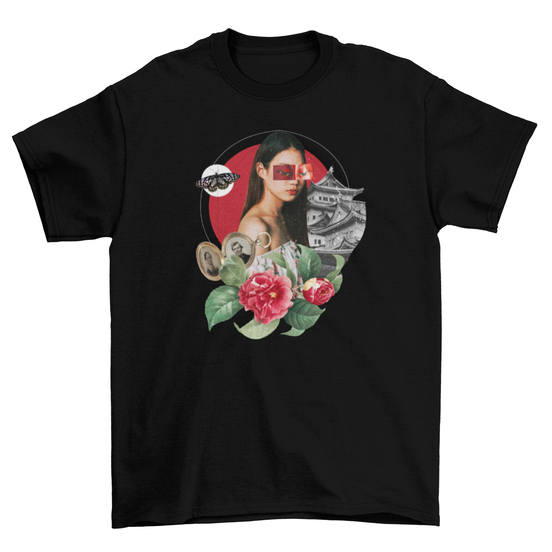 A stylish t-shirt featuring a collage of a woman, flowers, and a Japanese temple, showcasing artistic design.