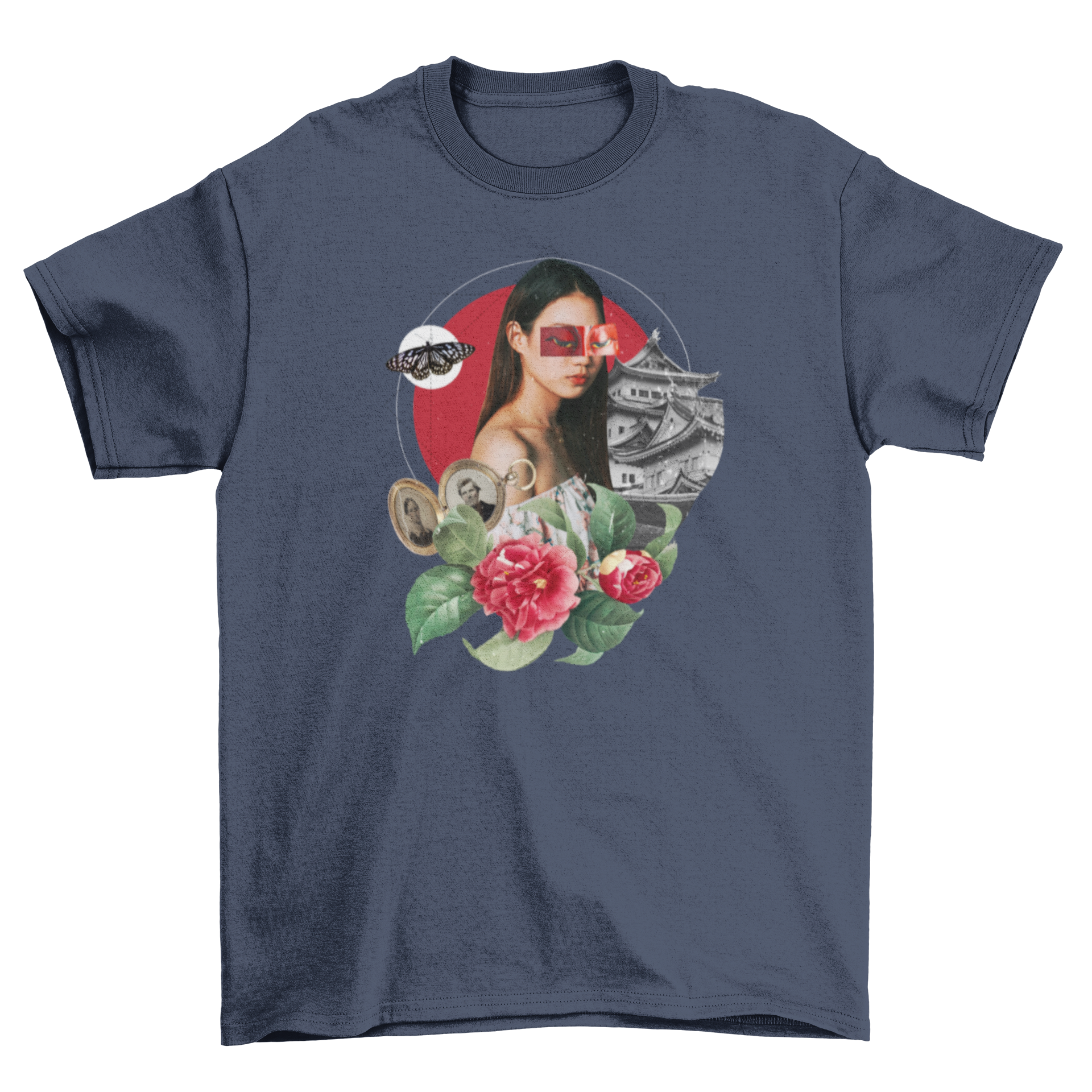 A stylish t-shirt featuring a collage of a woman, flowers, and a Japanese temple, showcasing artistic design.