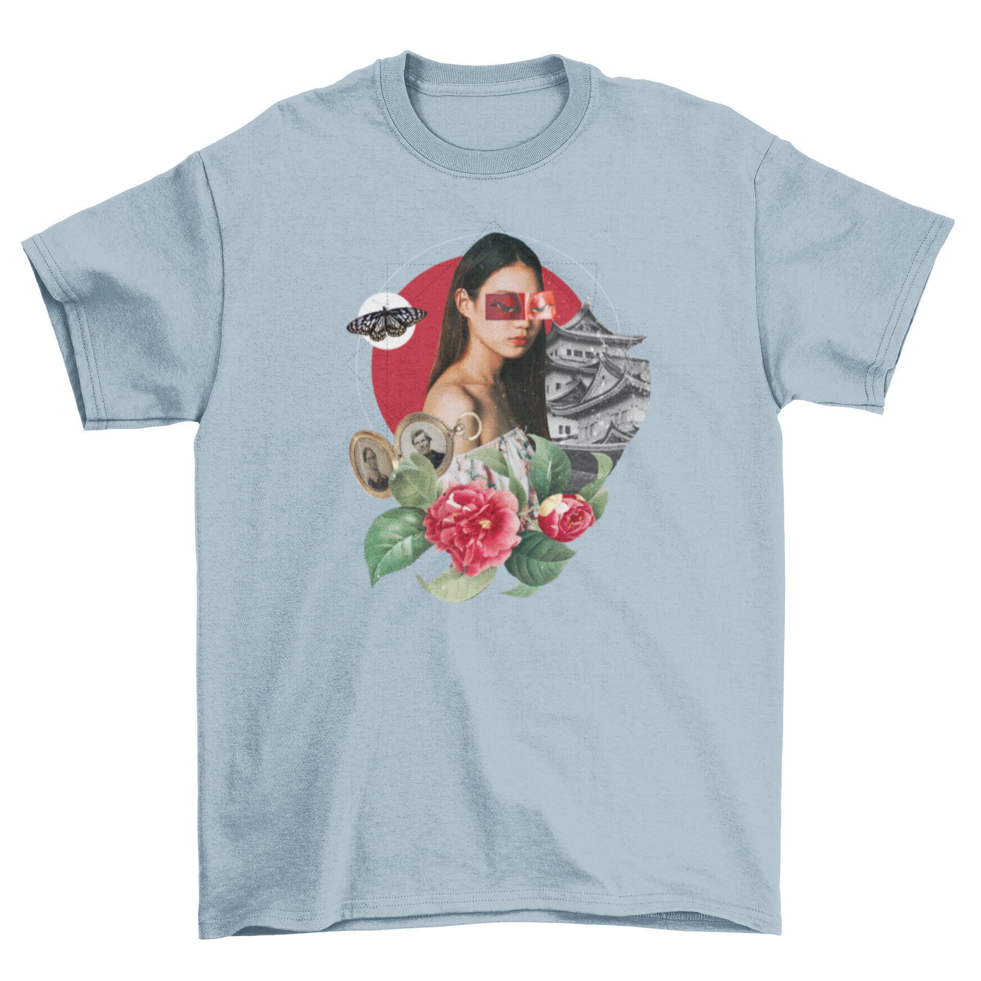 A stylish t-shirt featuring a collage of a woman, flowers, and a Japanese temple, showcasing artistic design.