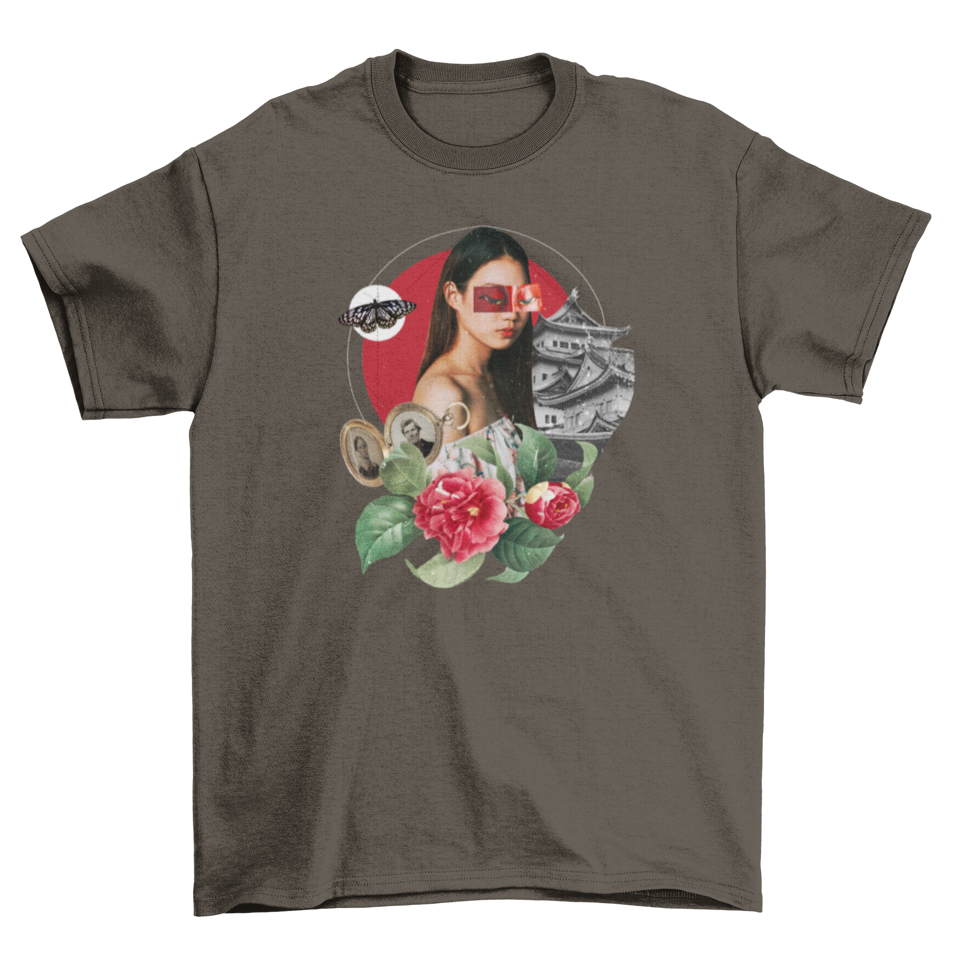 A stylish t-shirt featuring a collage of a woman, flowers, and a Japanese temple, showcasing artistic design.