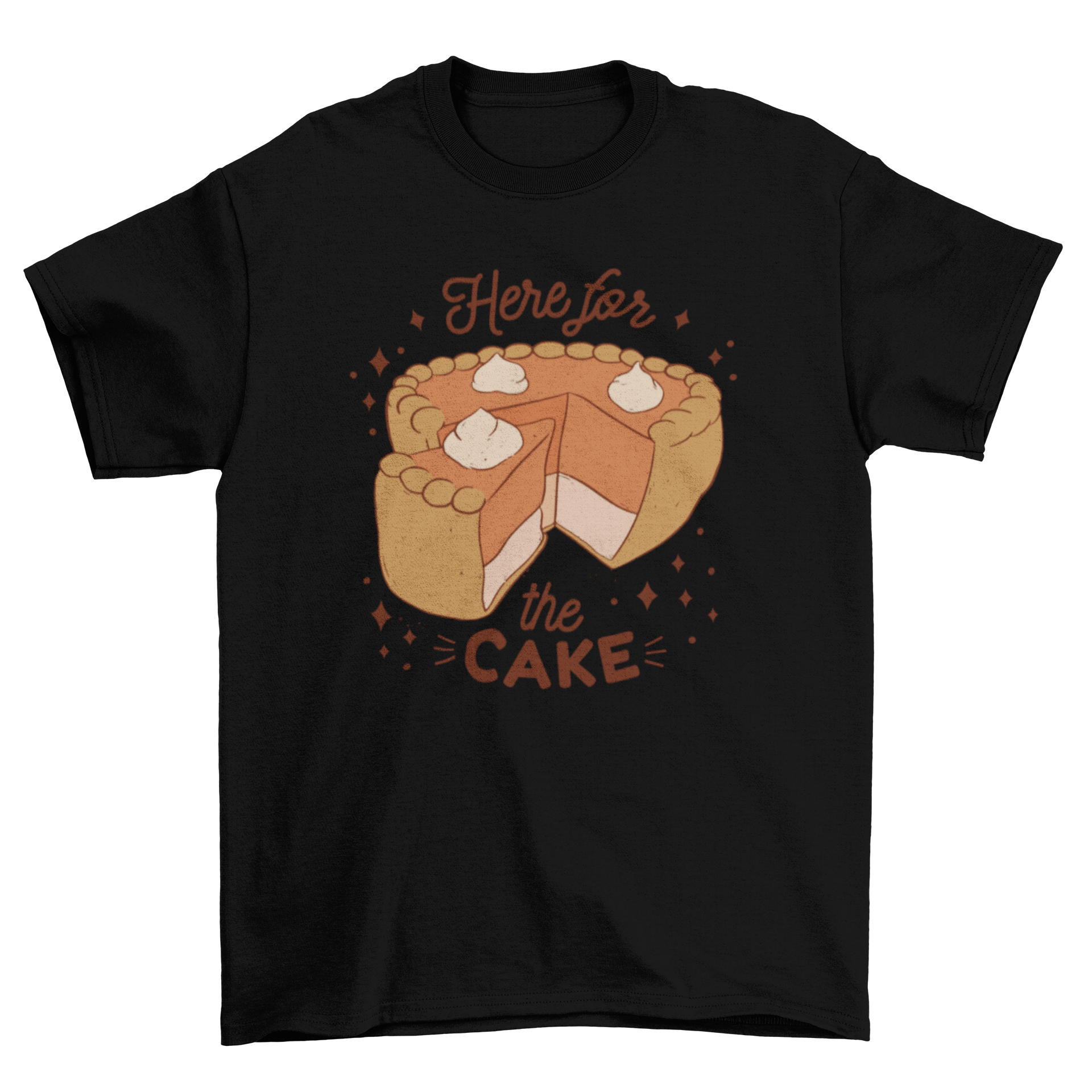 A fun t-shirt featuring a colorful cake design and the quote 'Here for the cake', perfect for dessert lovers.