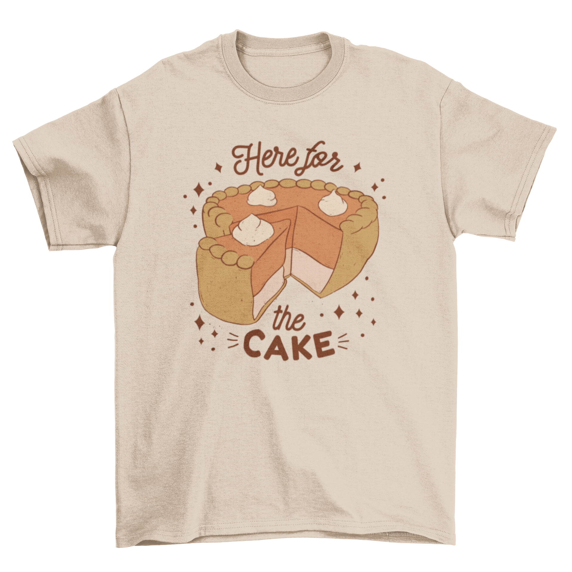 A fun t-shirt featuring a colorful cake design and the quote 'Here for the cake', perfect for dessert lovers.