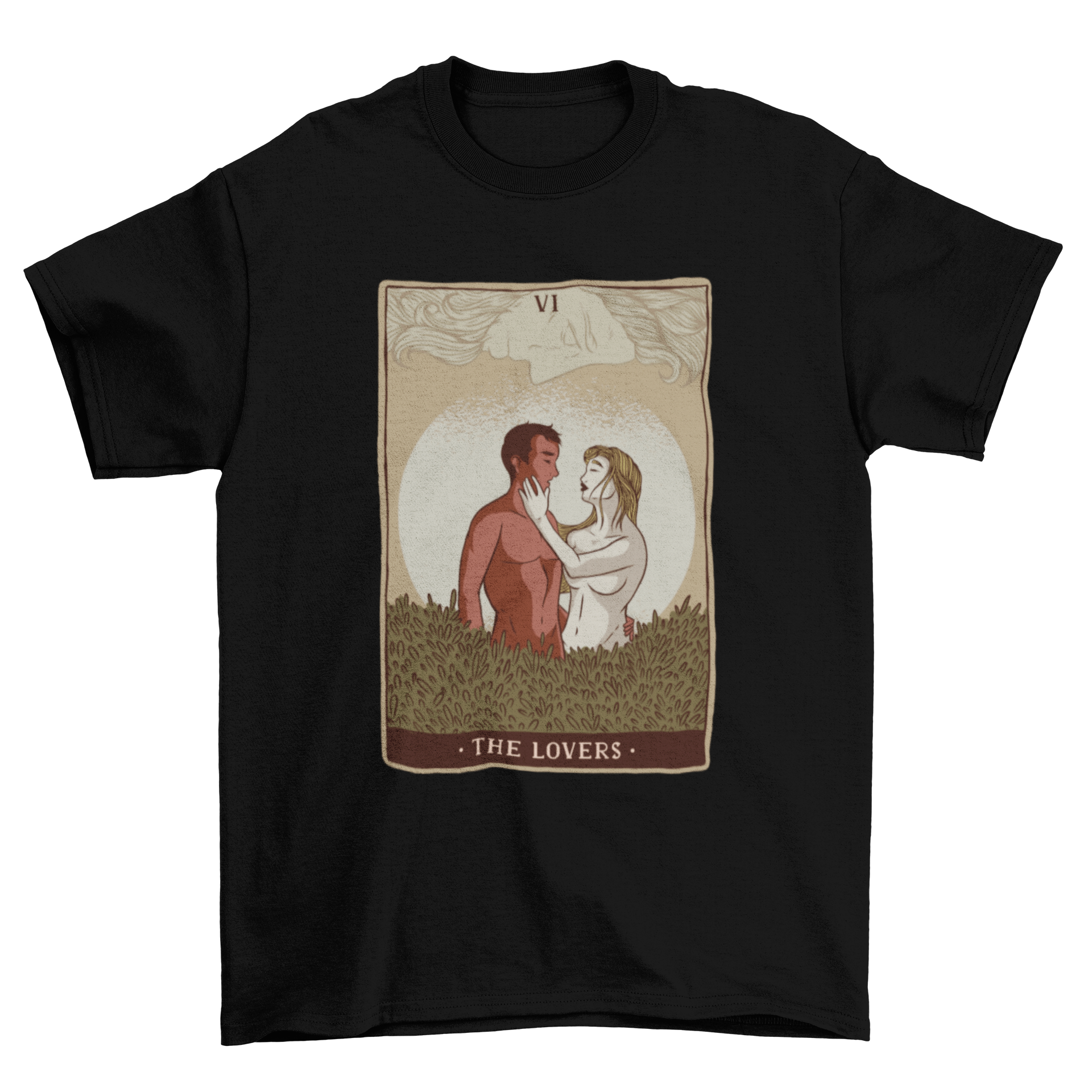 Lovers Tarot Card T-Shirt featuring a classic tarot card design with two lovers, showcasing intricate details and vibrant colors.