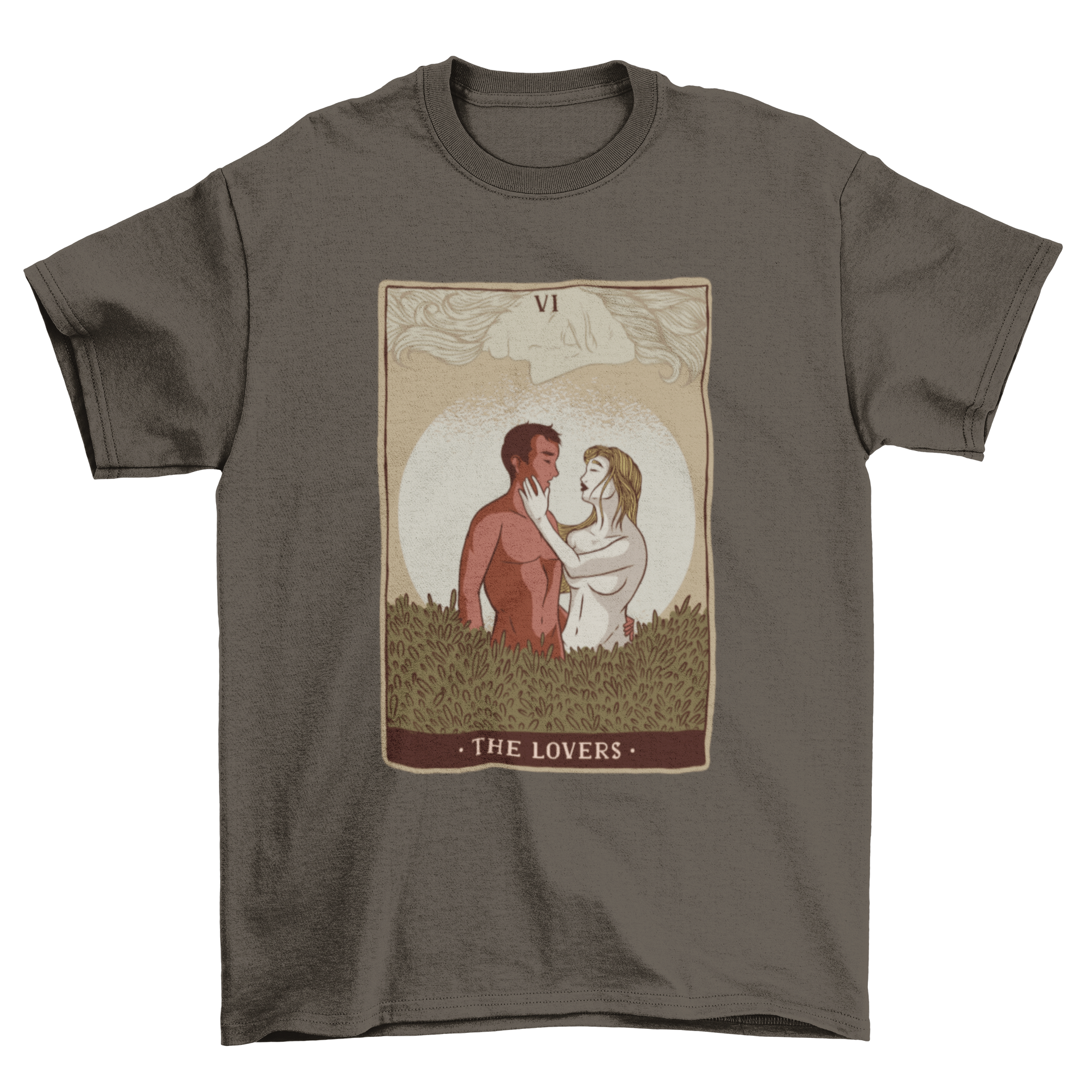 Lovers Tarot Card T-Shirt featuring a classic tarot card design with two lovers, showcasing intricate details and vibrant colors.