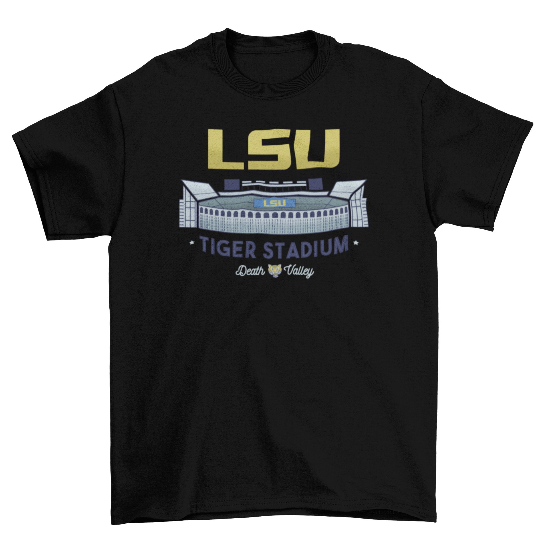 LSU Tiger Stadium T-shirt featuring vibrant design and captions 'LSU Tiger Stadium' and 'Death Valley'.