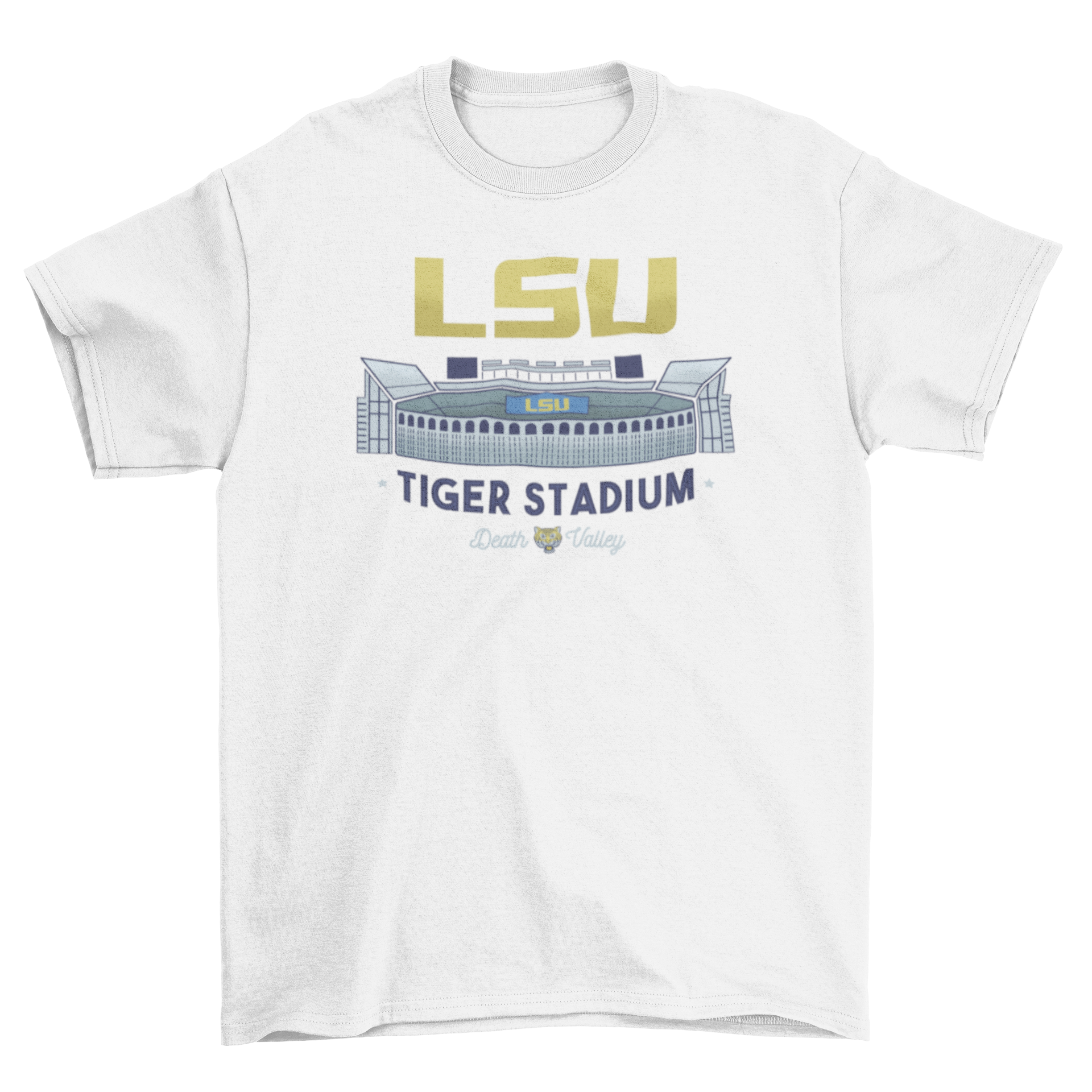 LSU Tiger Stadium T-shirt featuring vibrant design and captions 'LSU Tiger Stadium' and 'Death Valley'.