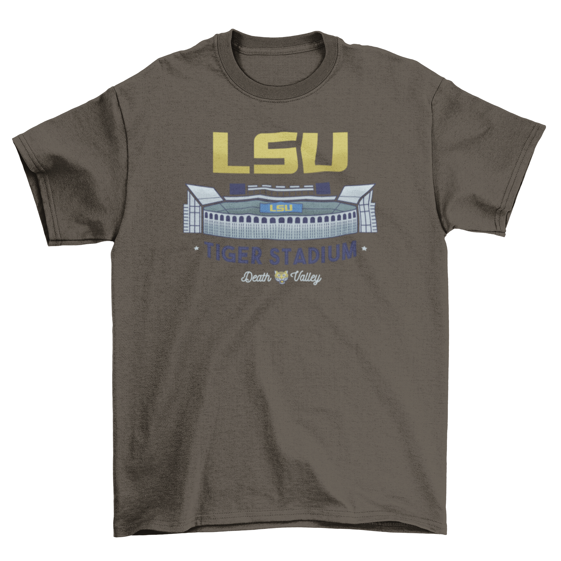 LSU Tiger Stadium T-shirt featuring vibrant design and captions 'LSU Tiger Stadium' and 'Death Valley'.