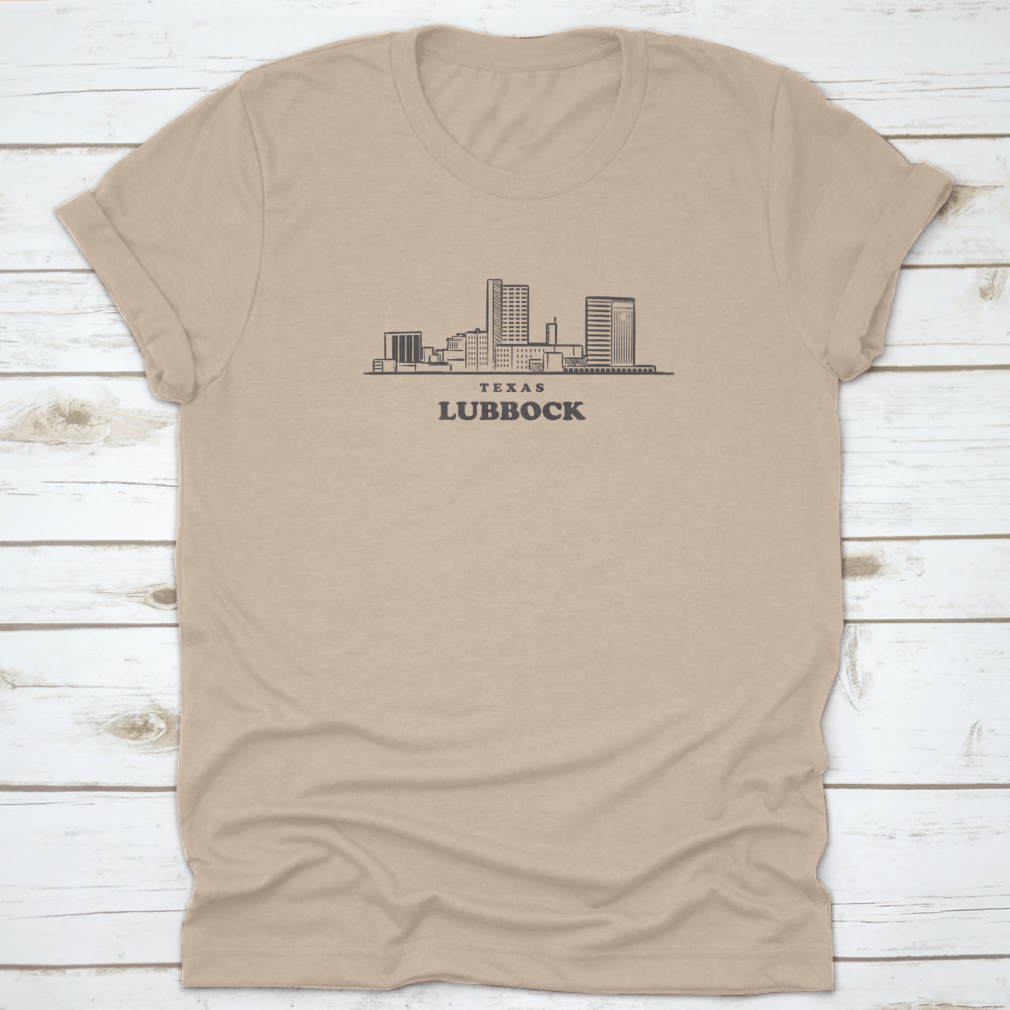 A stylish travel shirt featuring a drawn sketch of the Lubbock Texas skyline, made from soft cotton fabric.