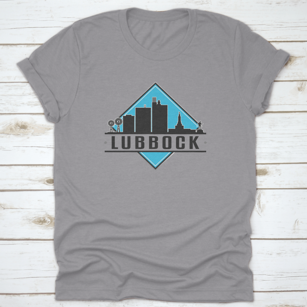 Lubbock, TX skyline logo T-shirt featuring a city illustration, made from 100% cotton for comfort.