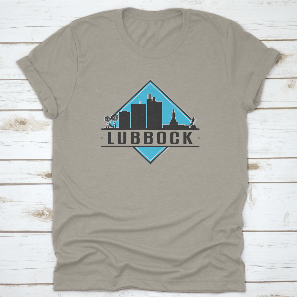 Lubbock, TX skyline logo T-shirt featuring a city illustration, made from 100% cotton for comfort.