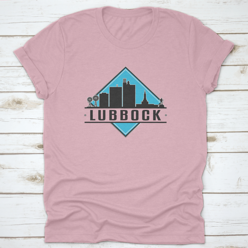 Lubbock, TX skyline logo T-shirt featuring a city illustration, made from 100% cotton for comfort.