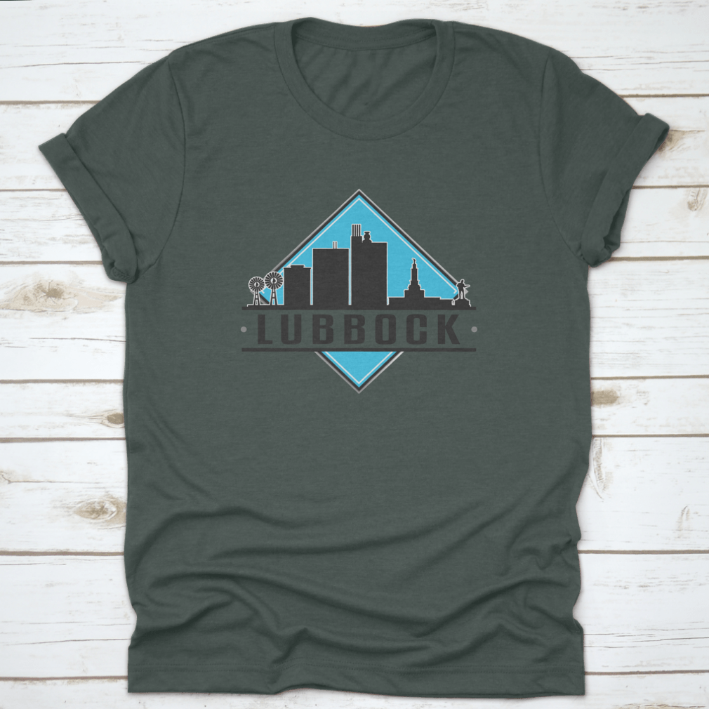 Lubbock, TX skyline logo T-shirt featuring a city illustration, made from 100% cotton for comfort.