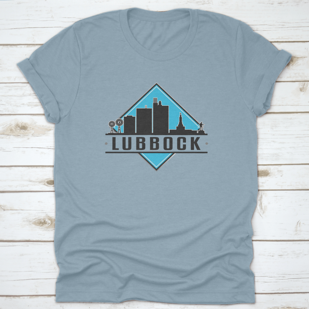 Lubbock, TX skyline logo T-shirt featuring a city illustration, made from 100% cotton for comfort.