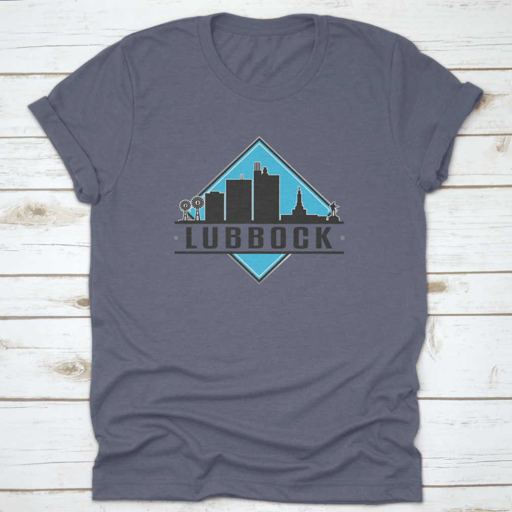 Lubbock, TX skyline logo T-shirt featuring a city illustration, made from 100% cotton for comfort.