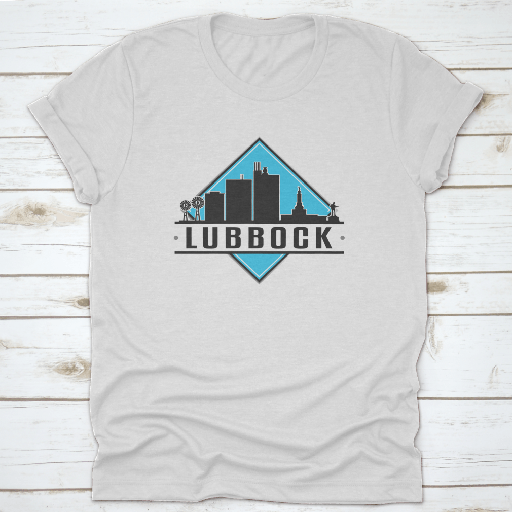 Lubbock, TX skyline logo T-shirt featuring a city illustration, made from 100% cotton for comfort.