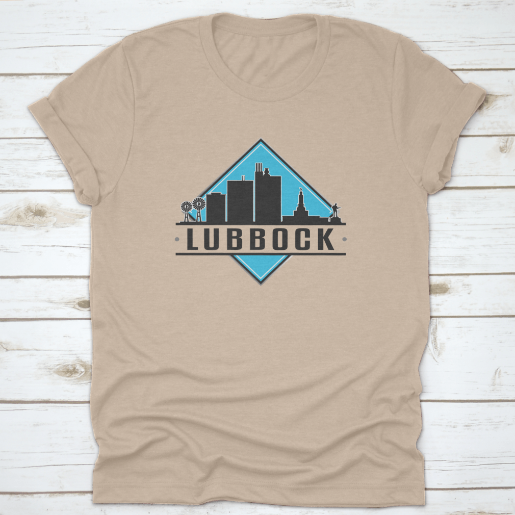 Lubbock, TX skyline logo T-shirt featuring a city illustration, made from 100% cotton for comfort.