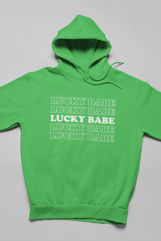 Lucky Babe Hoodie featuring unique artistic designs, adjustable hood, and cozy fleece lining.