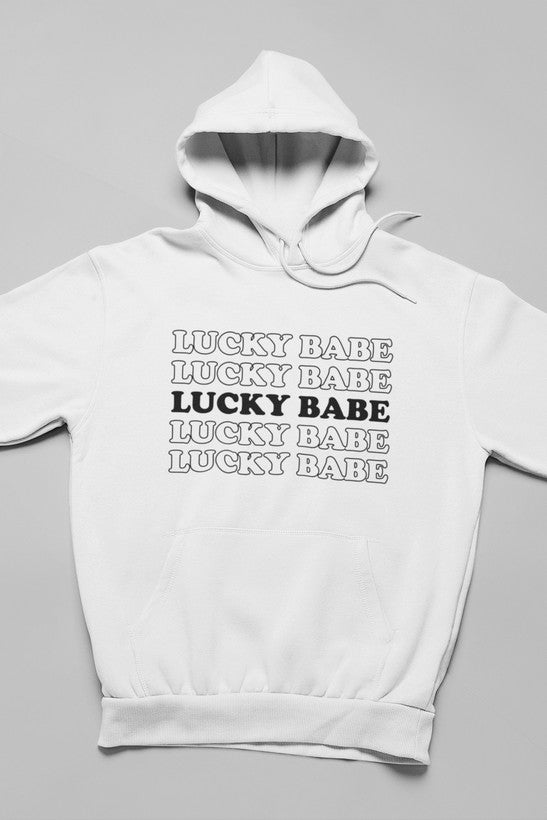 Lucky Babe Hoodie featuring unique artistic designs, adjustable hood, and cozy fleece lining.