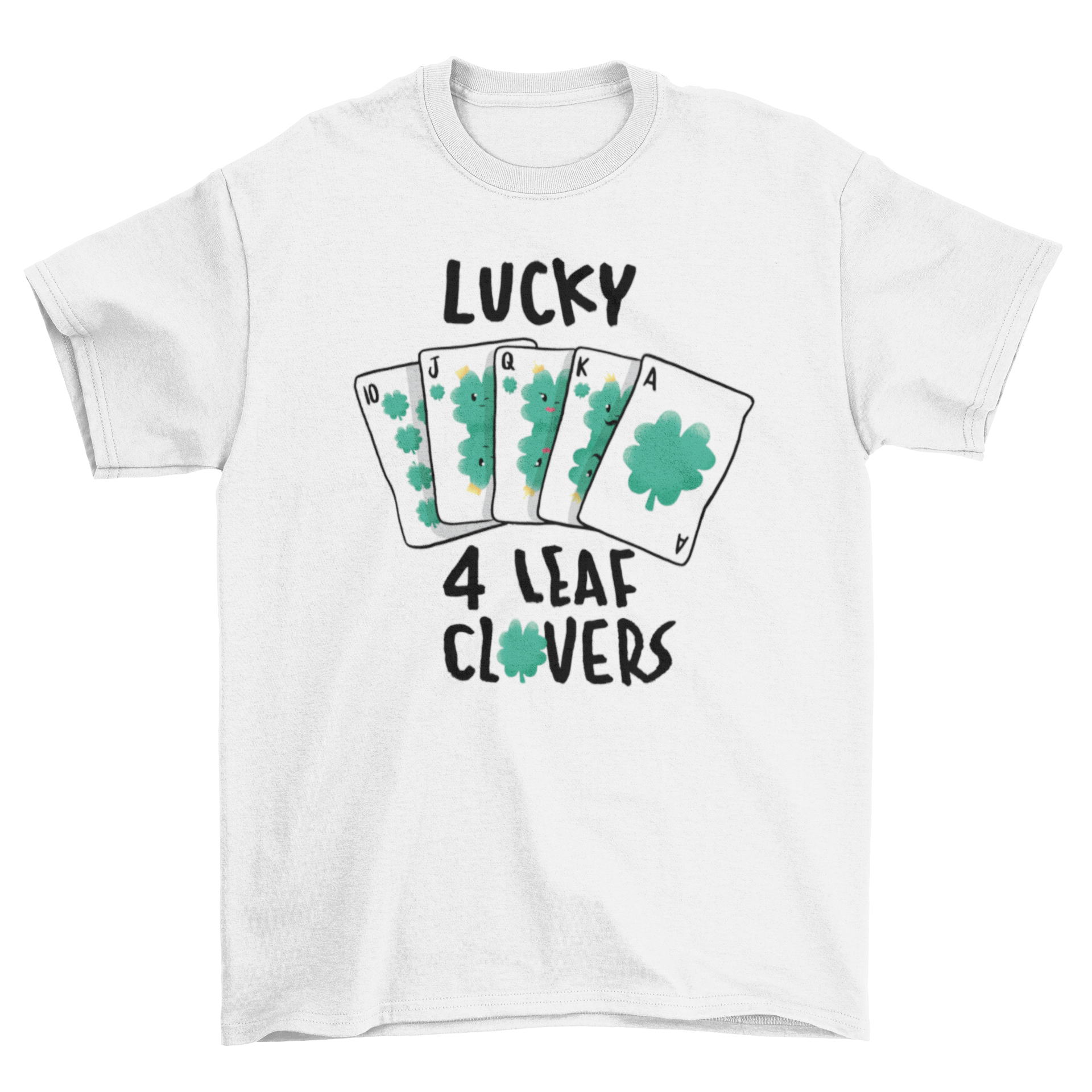 Lucky Clover Card T-shirt featuring poker cards and four-leaf clovers design with text.