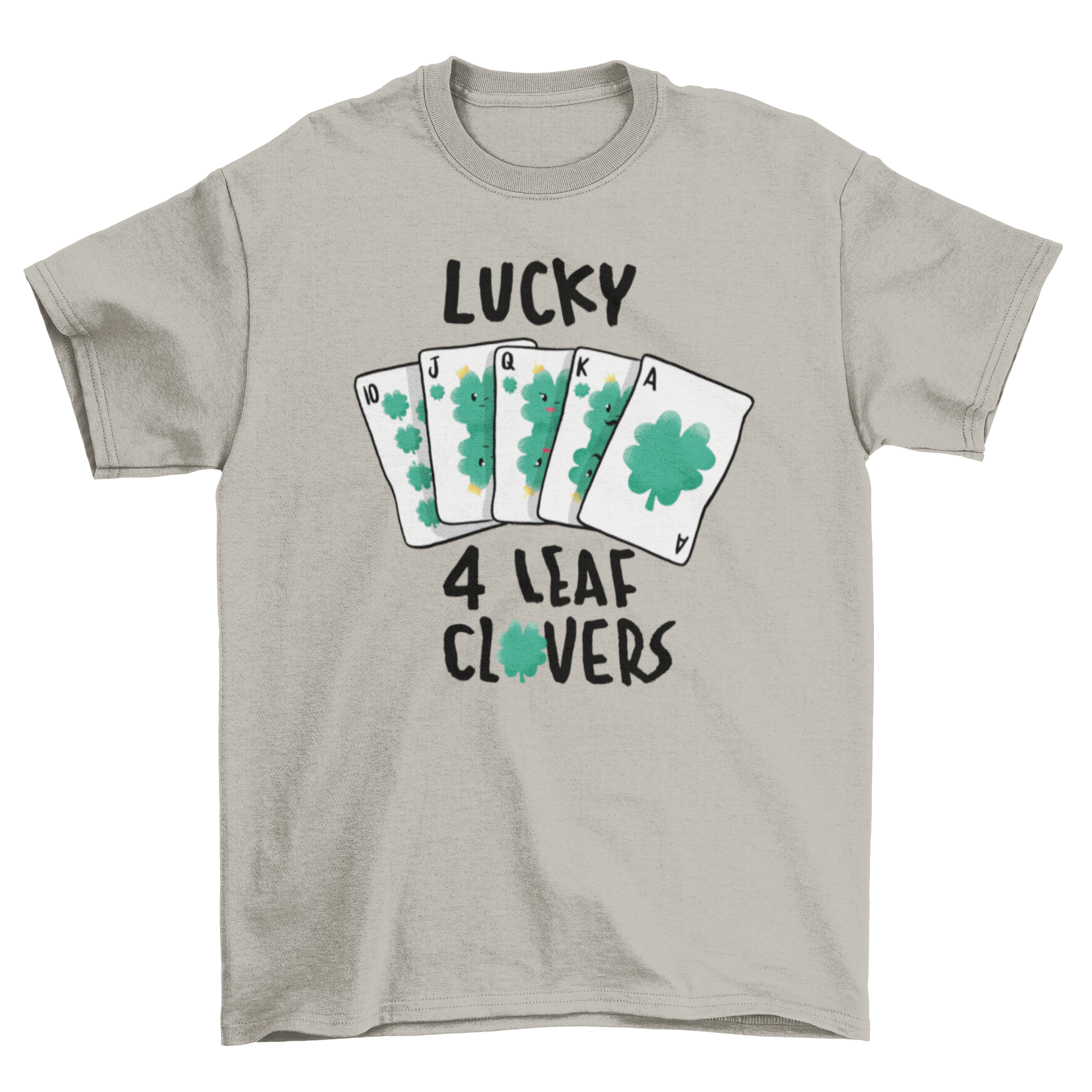 Lucky Clover Card T-shirt featuring poker cards and four-leaf clovers design with text.