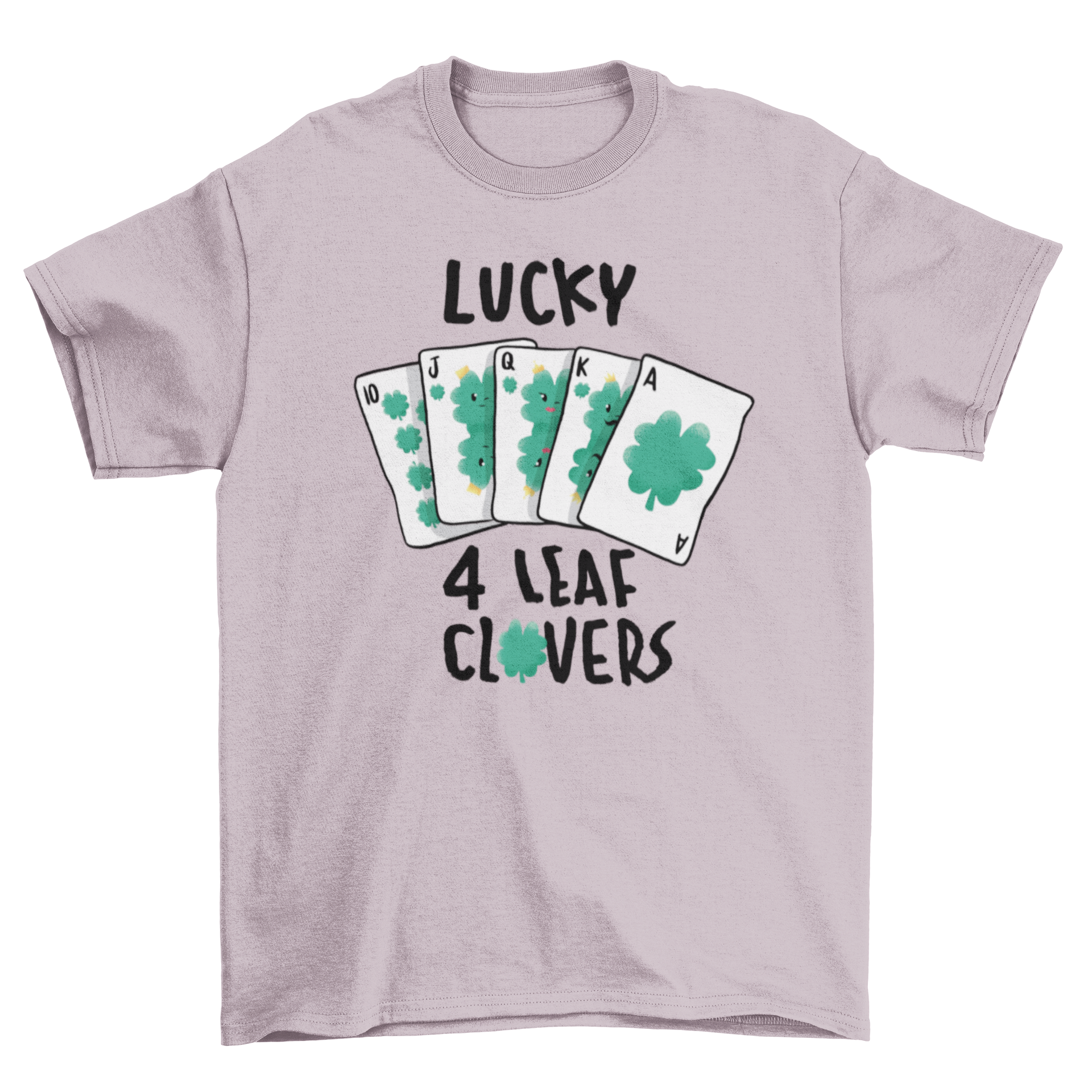 Lucky Clover Card T-shirt featuring poker cards and four-leaf clovers design with text.