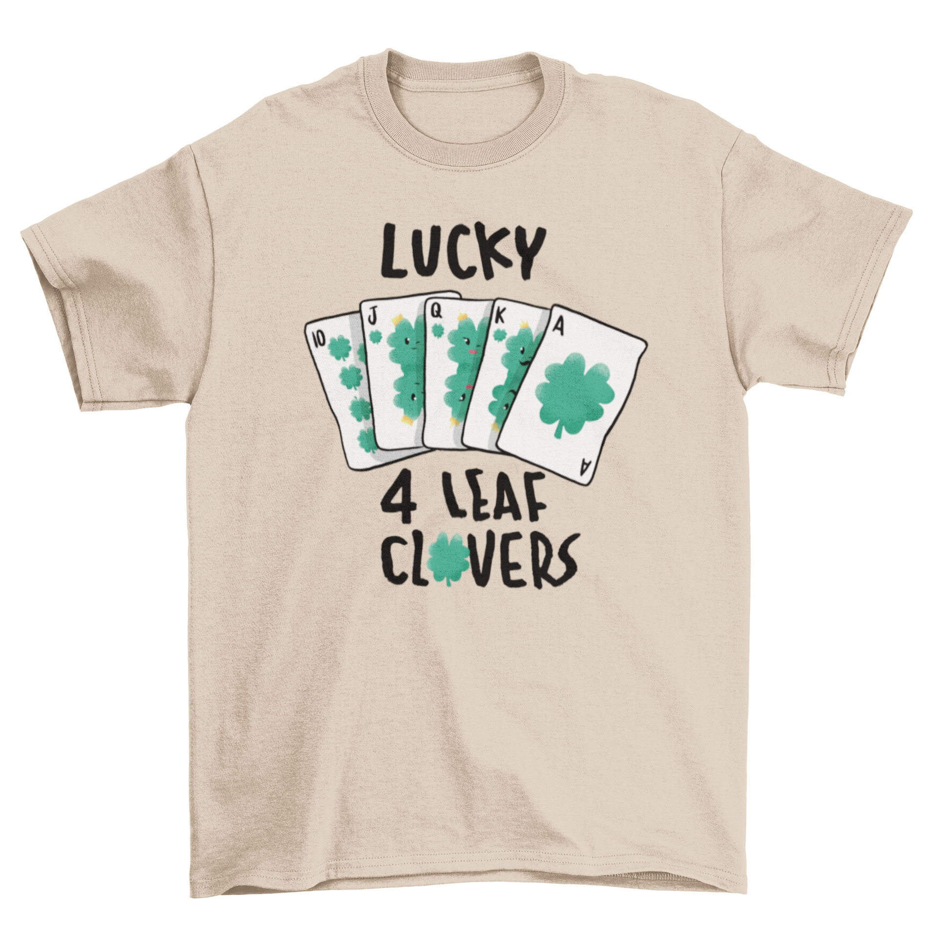 Lucky Clover Card T-shirt featuring poker cards and four-leaf clovers design with text.