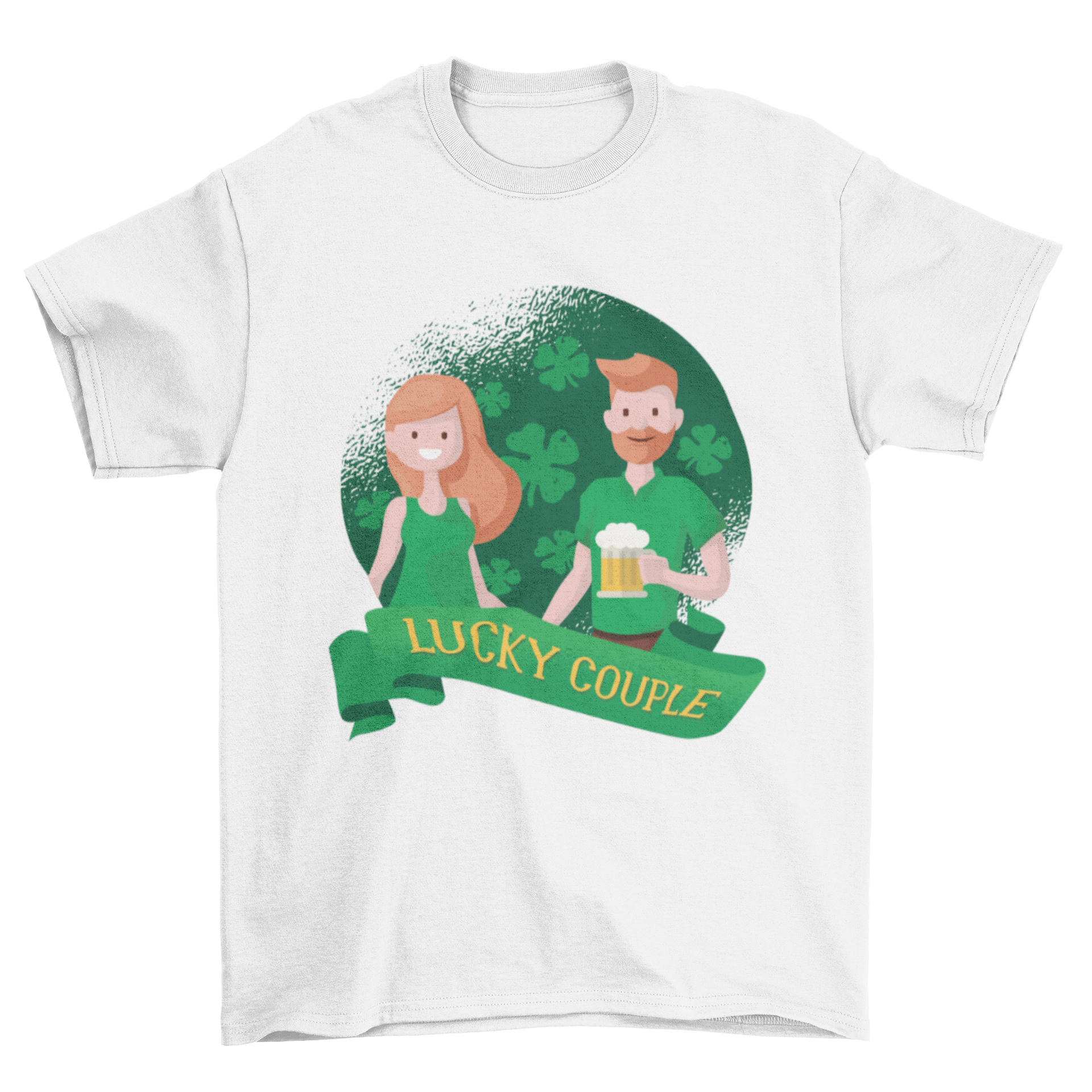 Lucky Couple T-Shirt featuring a ginger couple celebrating St. Patrick's Day with beers.