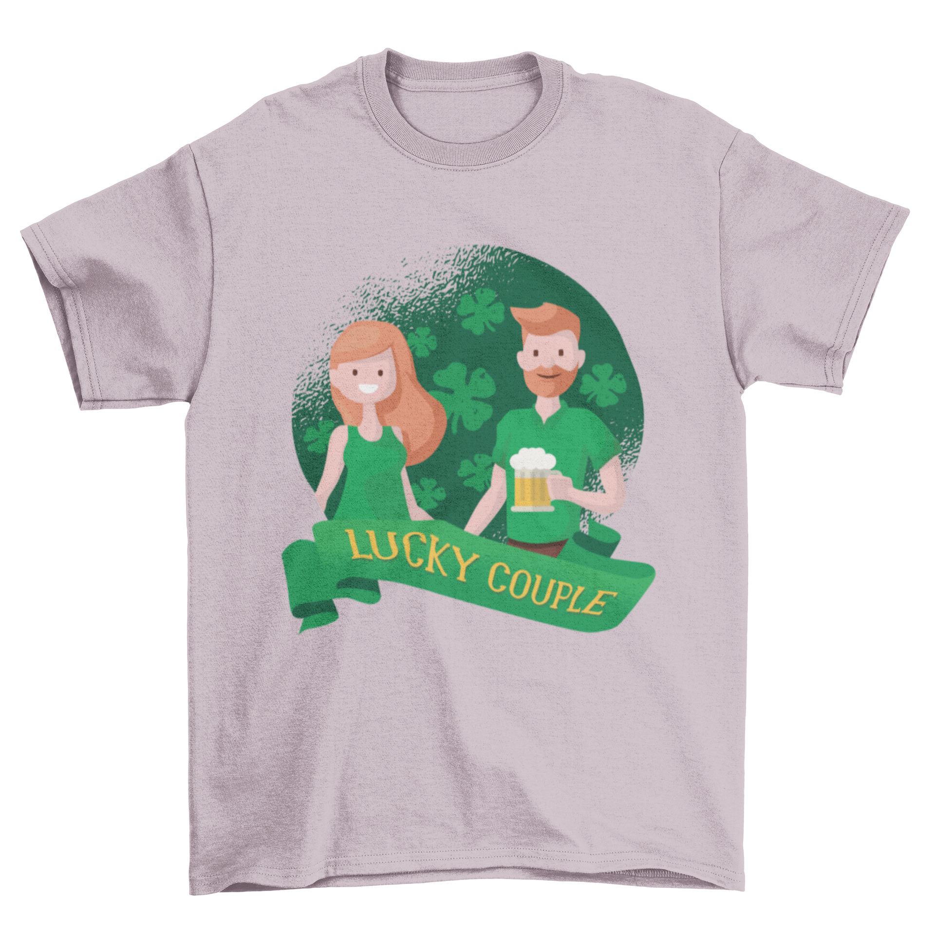 Lucky Couple T-Shirt featuring a ginger couple celebrating St. Patrick's Day with beers.