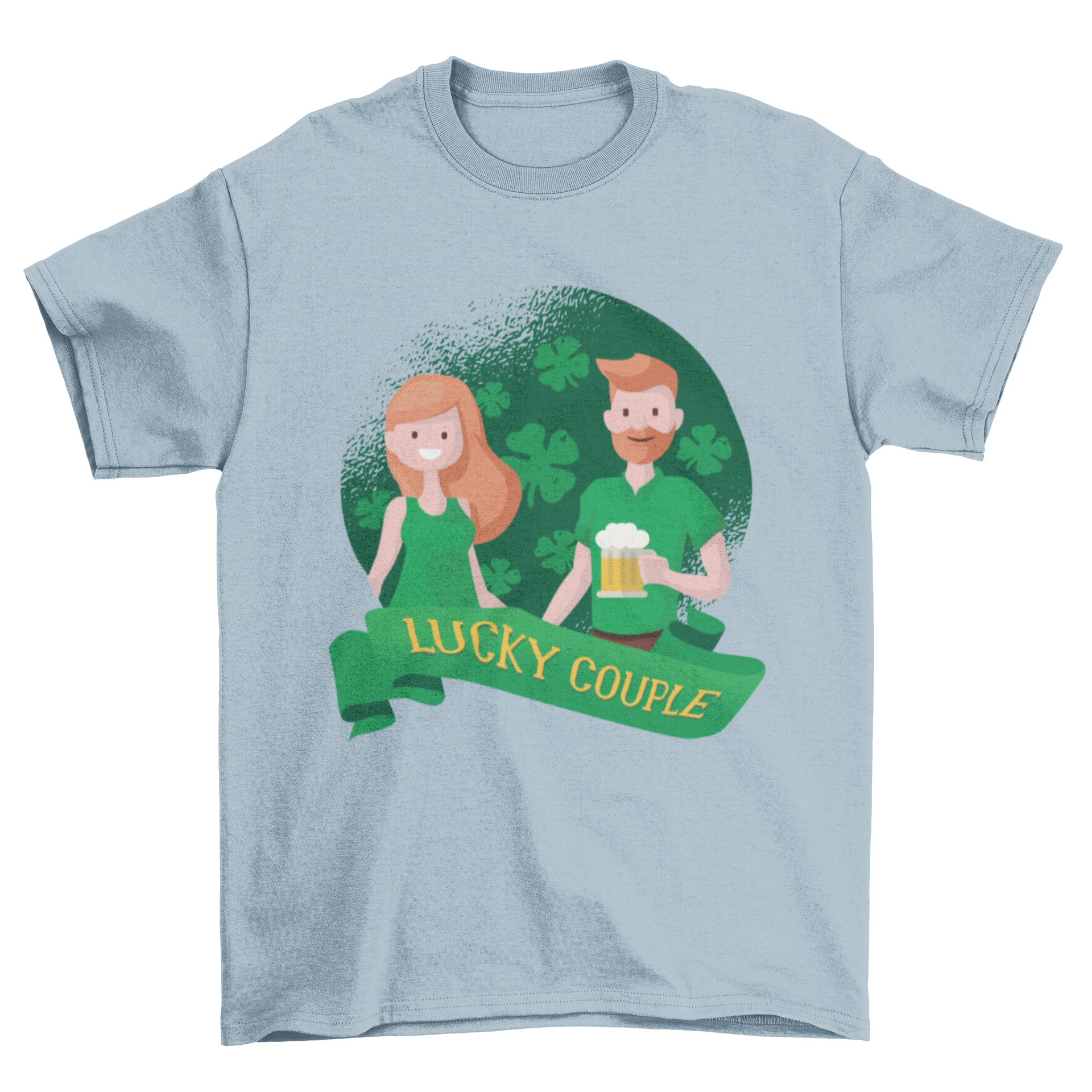 Lucky Couple T-Shirt featuring a ginger couple celebrating St. Patrick's Day with beers.