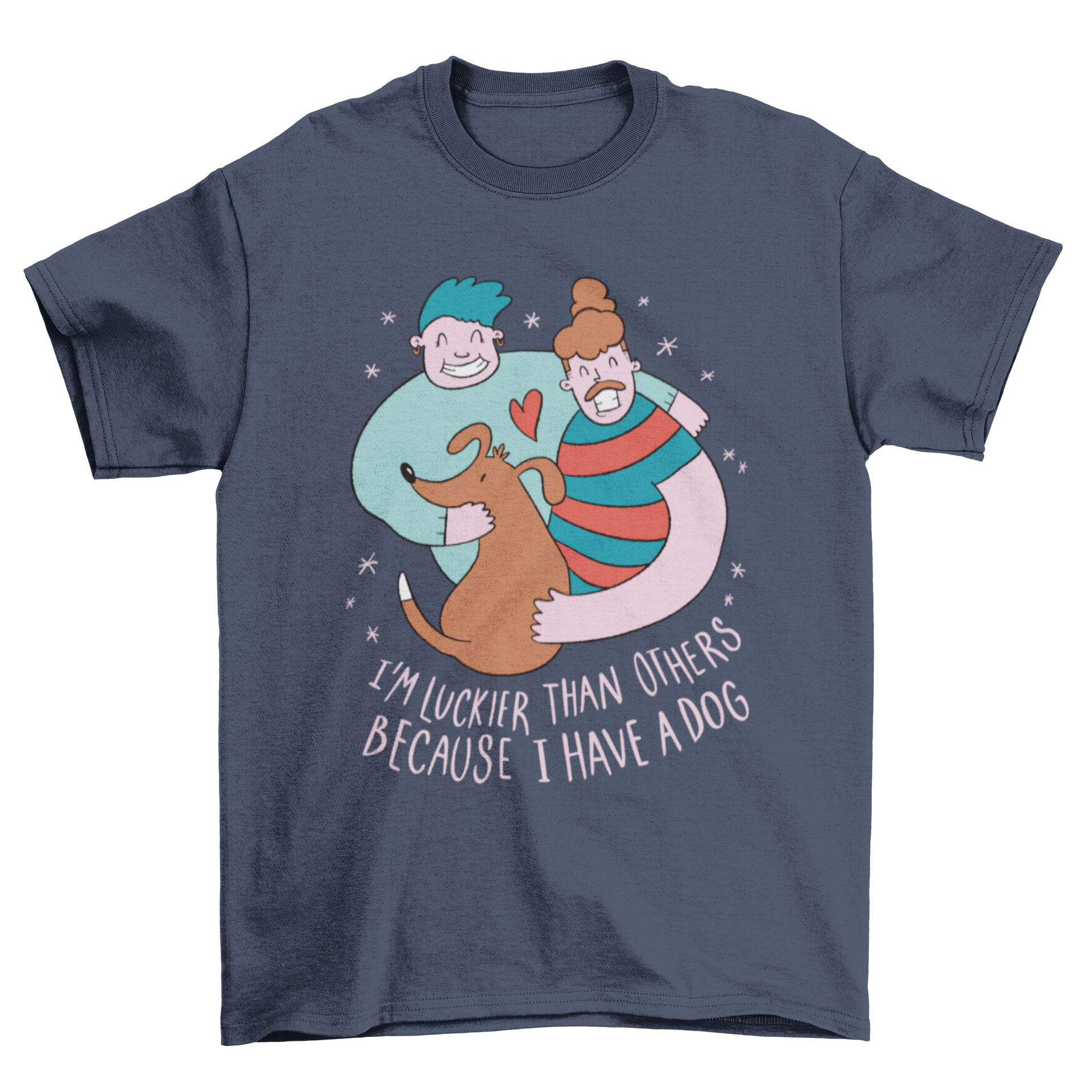 Lucky Dog Owner T-shirt featuring a couple with a dog and a heartfelt quote.