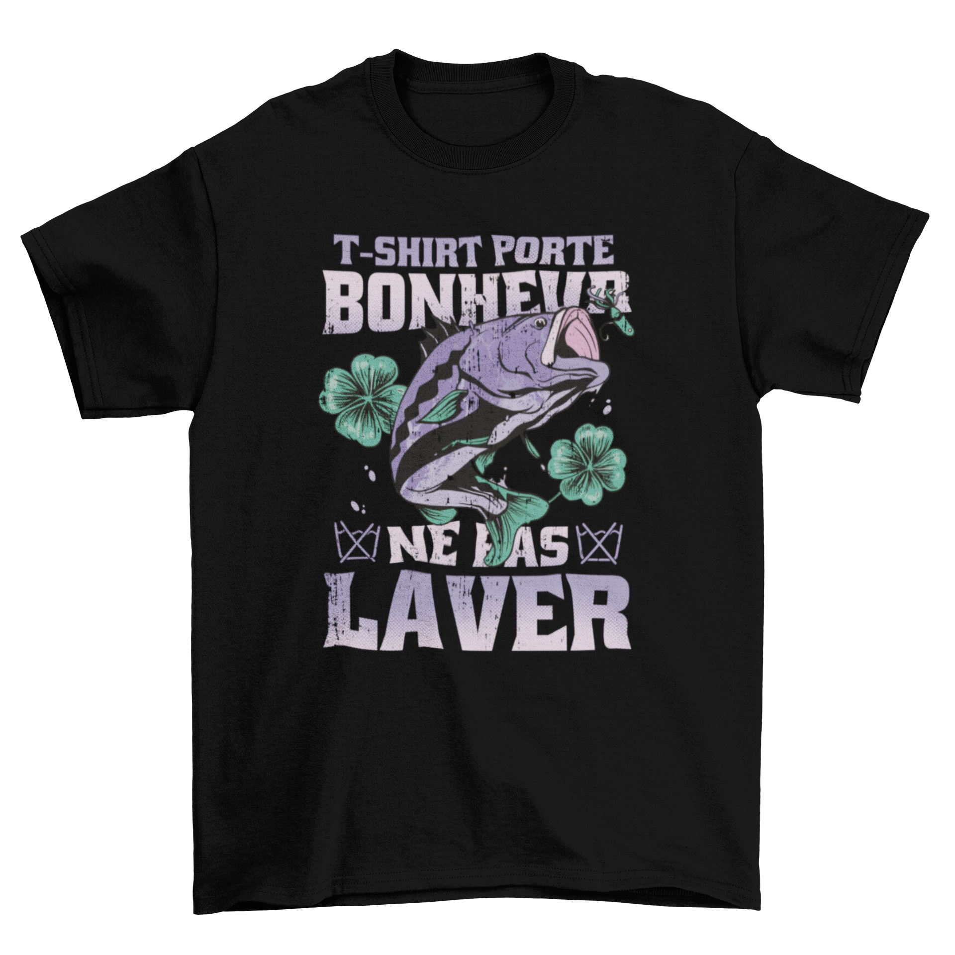 Lucky fishing t-shirt featuring a fish and shamrocks with a humorous quote.