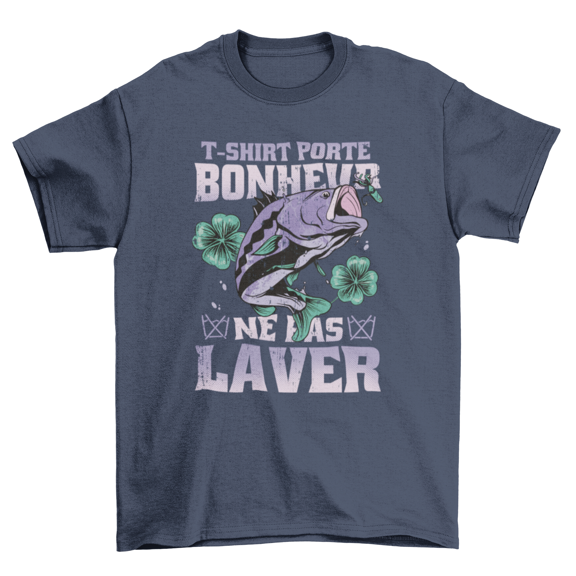 Lucky fishing t-shirt featuring a fish and shamrocks with a humorous quote.