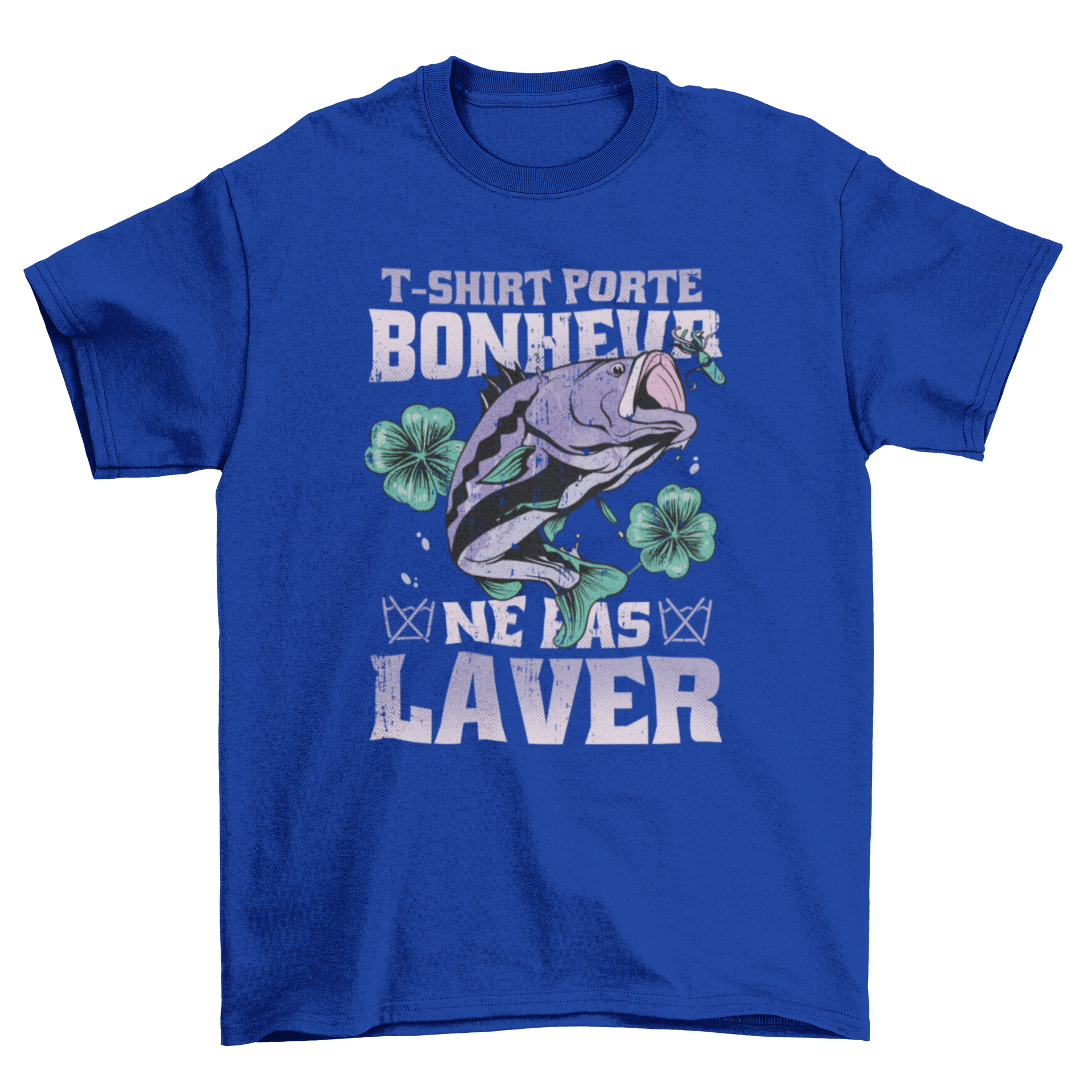 Lucky fishing t-shirt featuring a fish and shamrocks with a humorous quote.