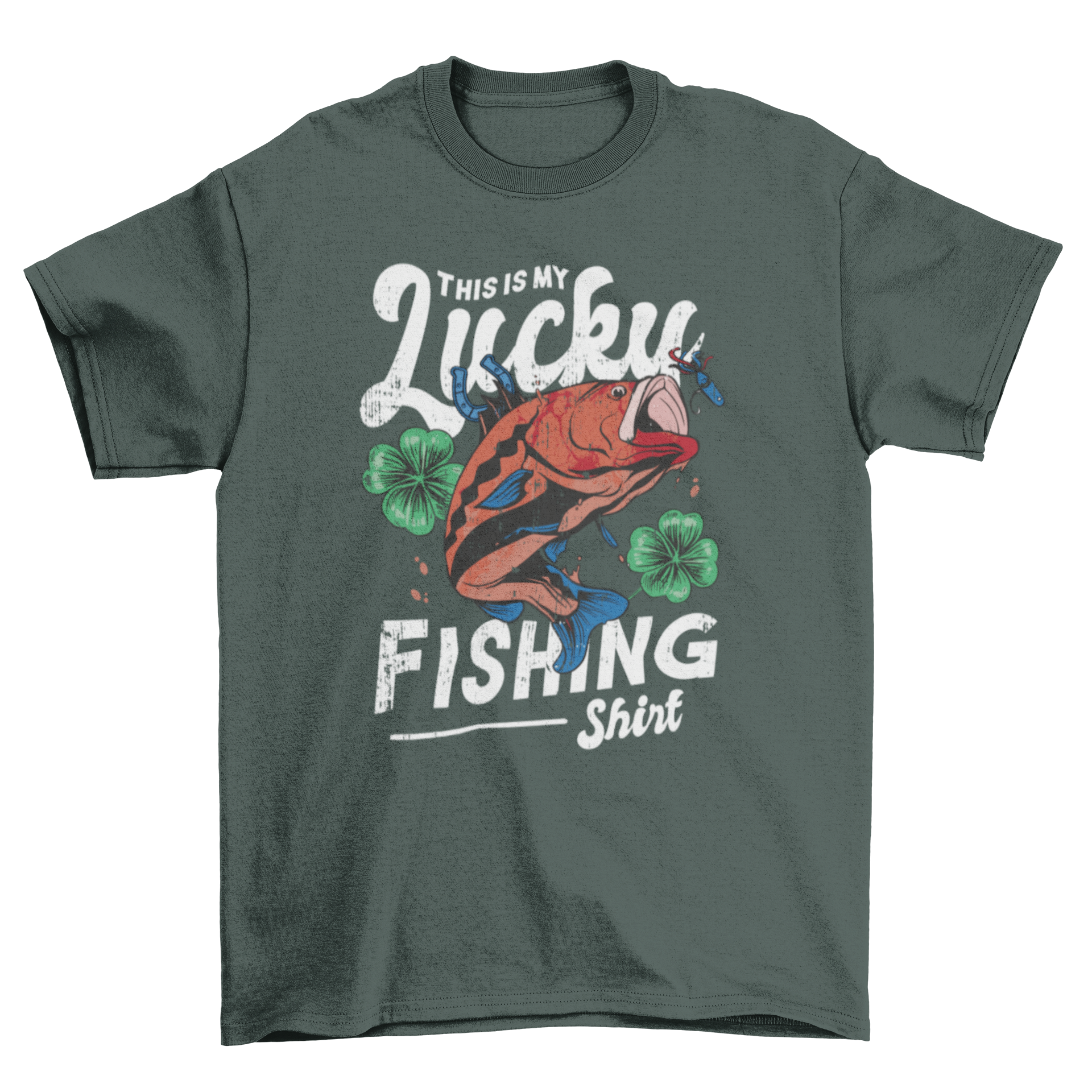 Lucky fishing t-shirt featuring a fish graphic and shamrocks with the quote 'This is my lucky fishing shirt'.